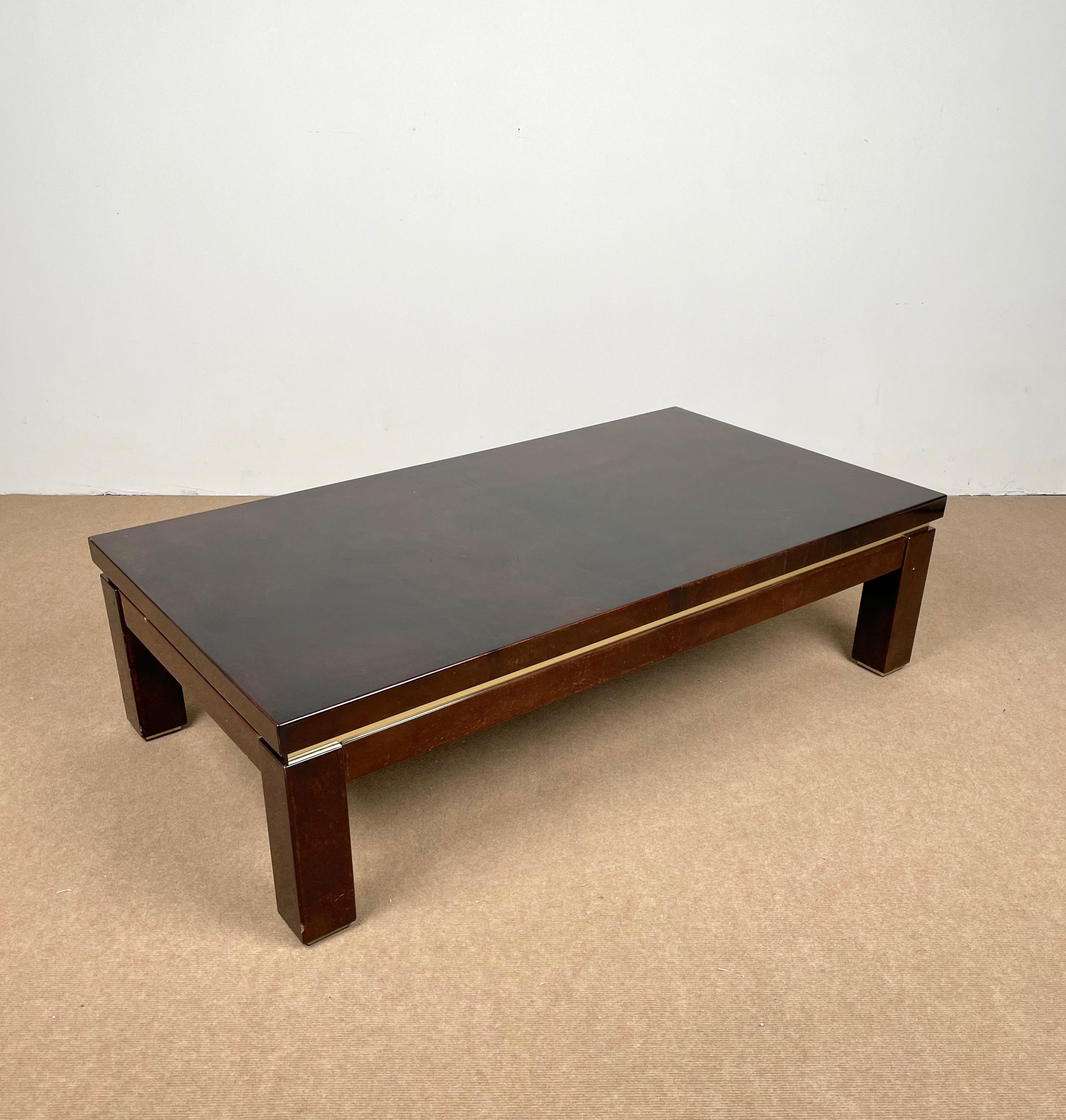Brown Goatskin and Brass Coffee Table Attributed to Aldo Tura, Italy, 1960s For Sale 2