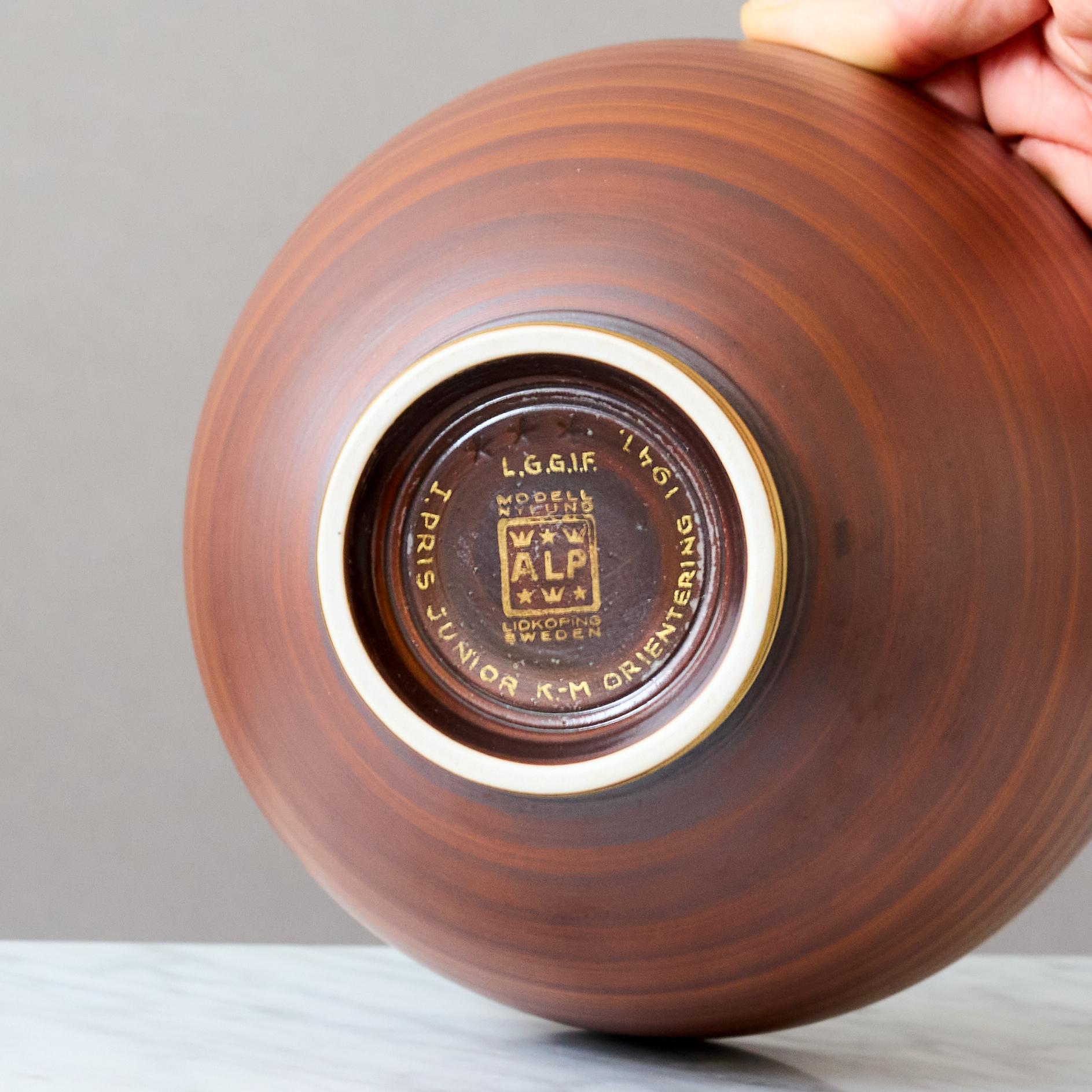 20th Century Brown & Gold Art Deco Stoneware Bowl by Gunnar Nylund for ALP, Sweden, 1930s. For Sale