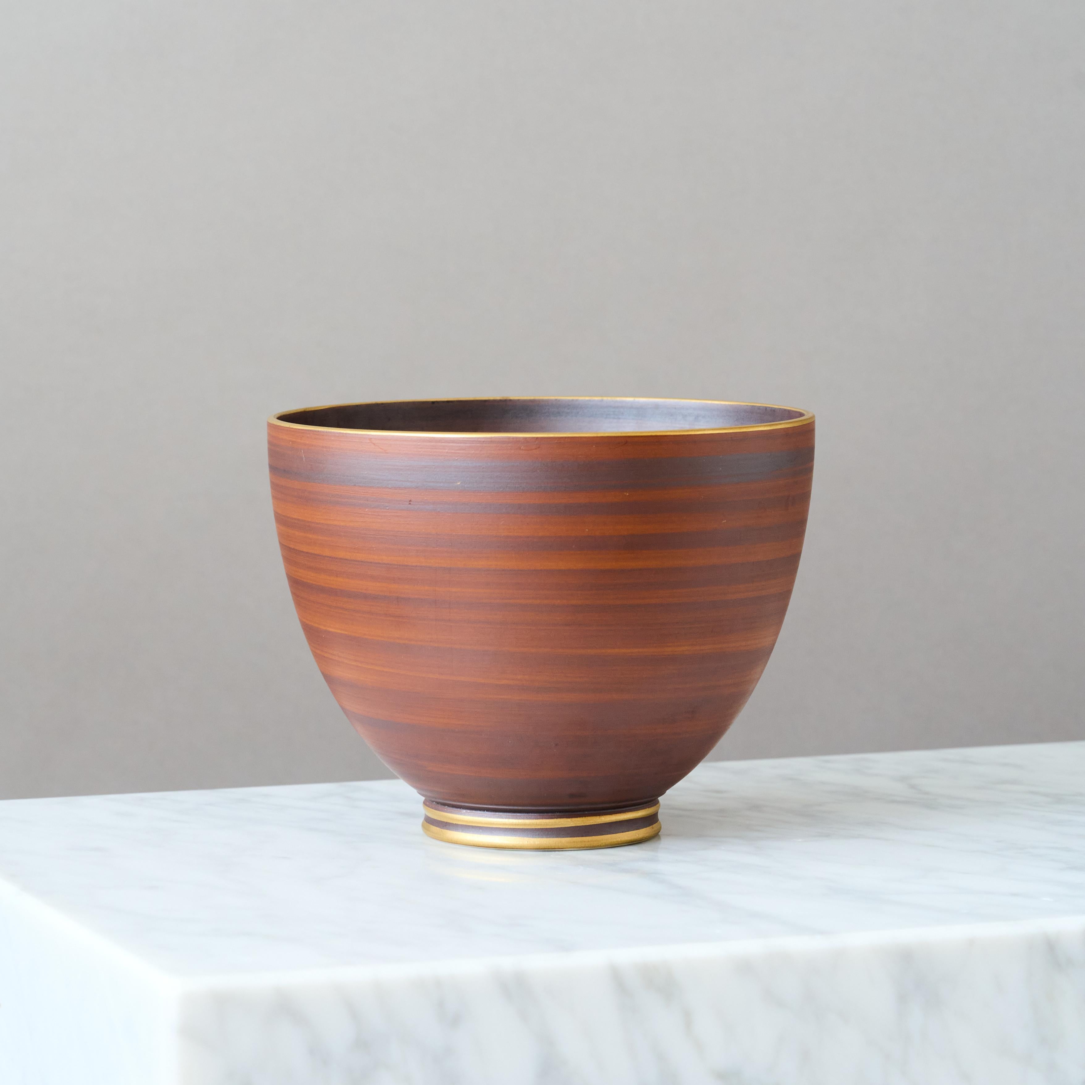 Ceramic Brown & Gold Art Deco Stoneware Bowl by Gunnar Nylund for ALP, Sweden, 1930s. For Sale
