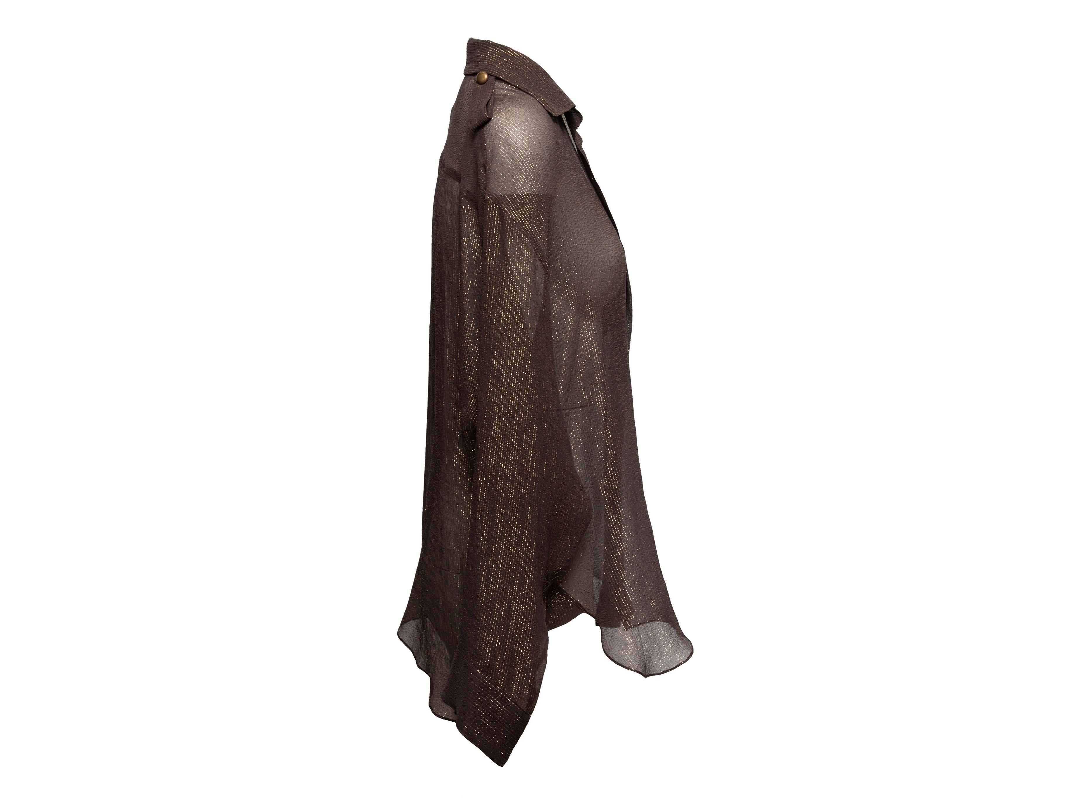 Brown and gold metallic long sleeve button-up top by Lanvin. From the Winter 2009 Collection. Pointed collar. Single bust pocket. Button closures at front. 50