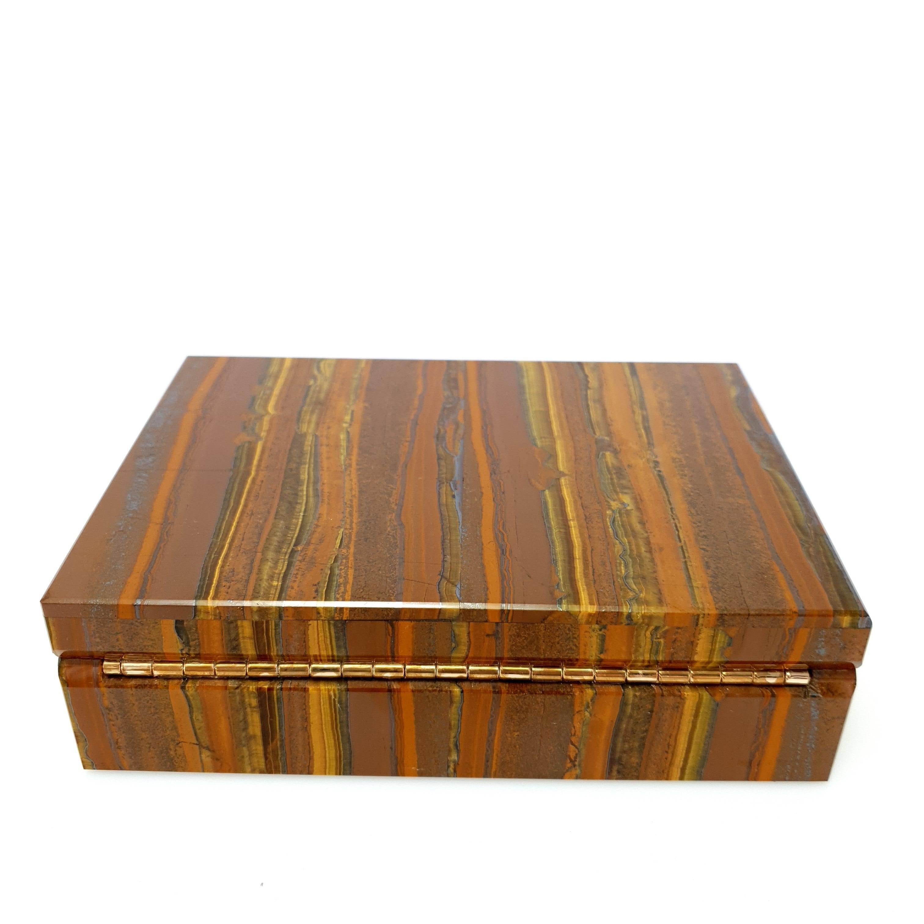 Caja de Piedras Preciosas de Hierro de Tigre Marrón Dorado de Diseño Interior con Mármol Negro en venta 1