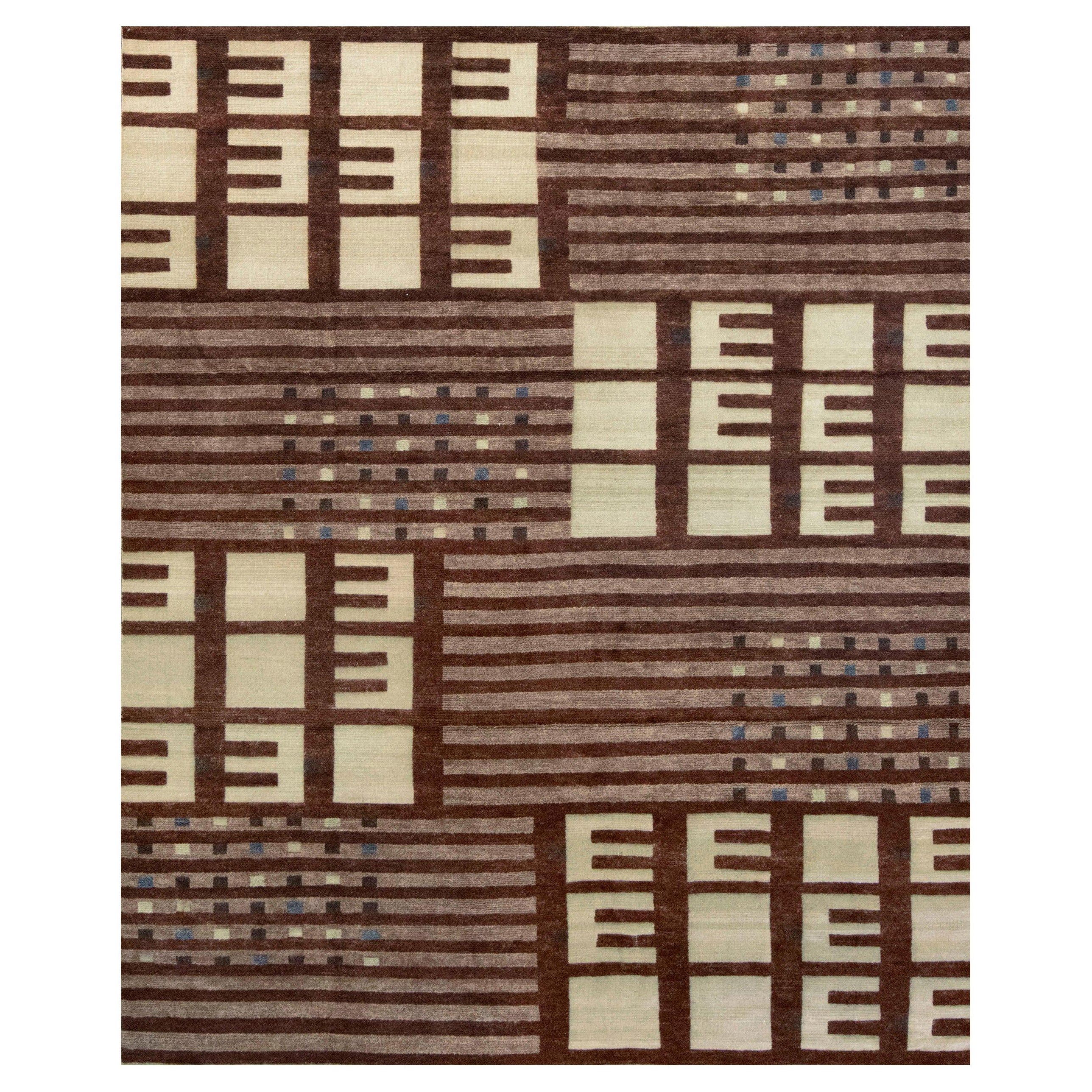 Brown Graphic Tapis de laine contemporain tissé à la main d'inspiration suédoise