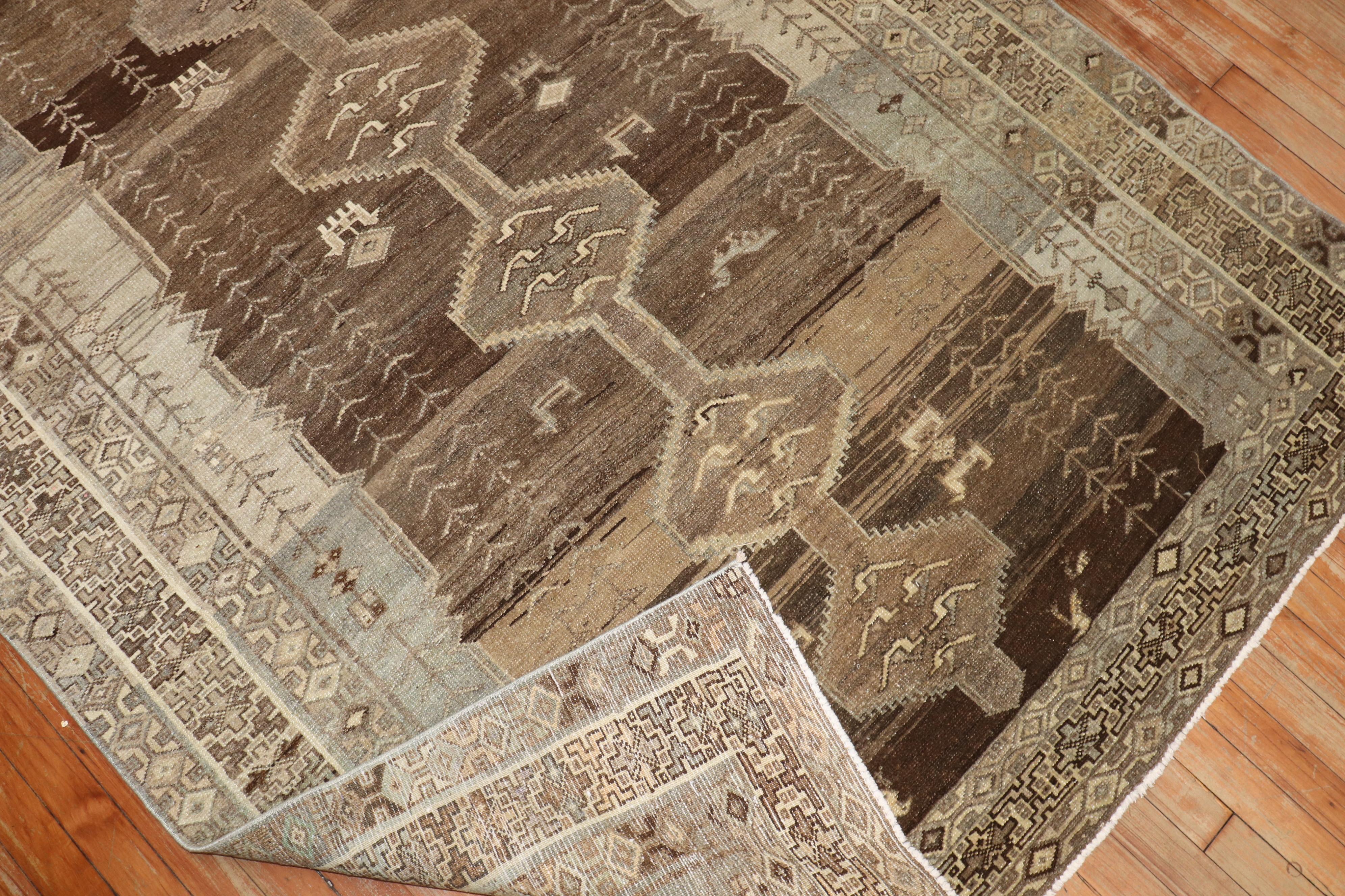 Hand-Knotted Brown Grey Persian Kurd Gallery Size Rug For Sale