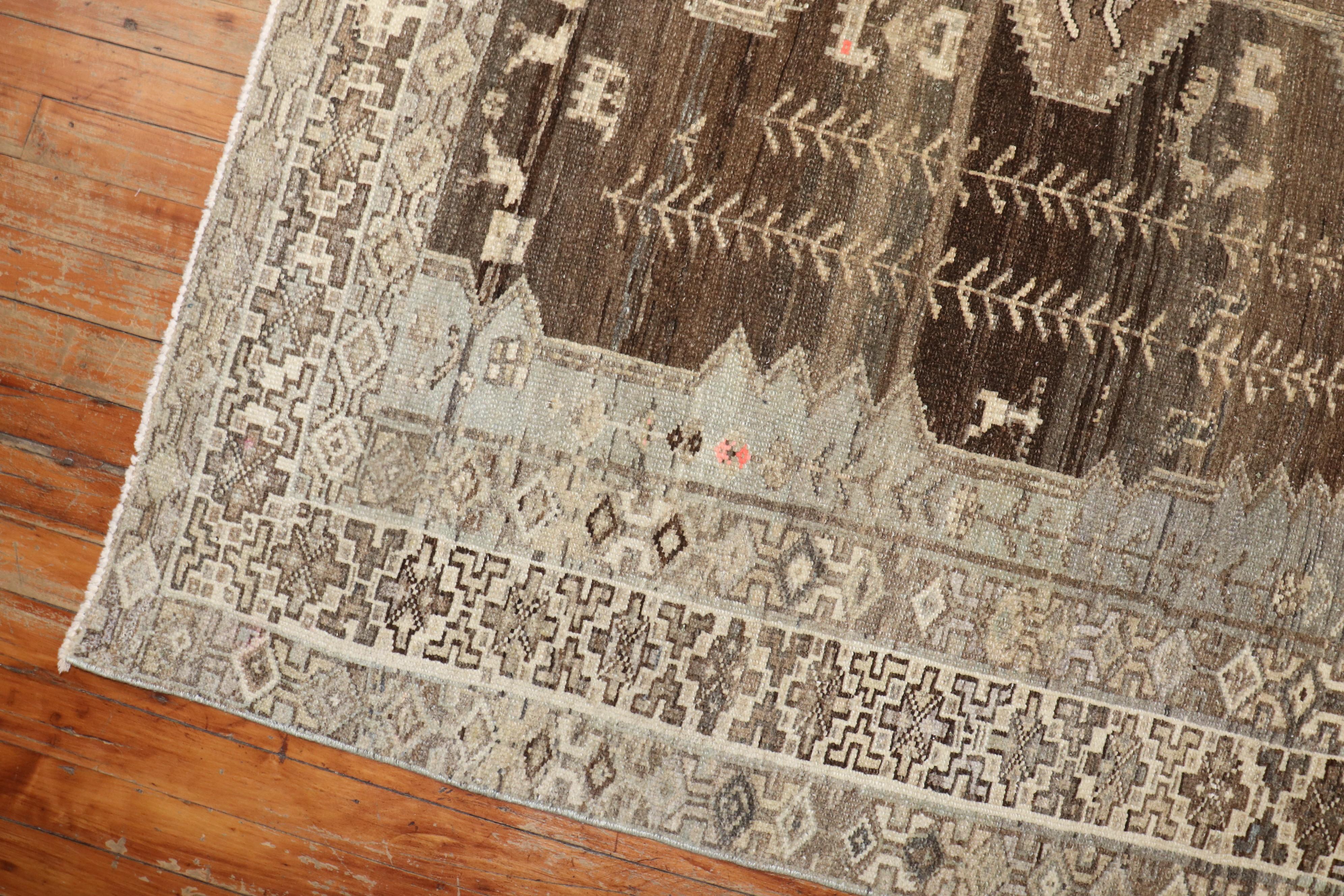 Mid-20th Century Brown Grey Persian Kurd Gallery Size Rug For Sale
