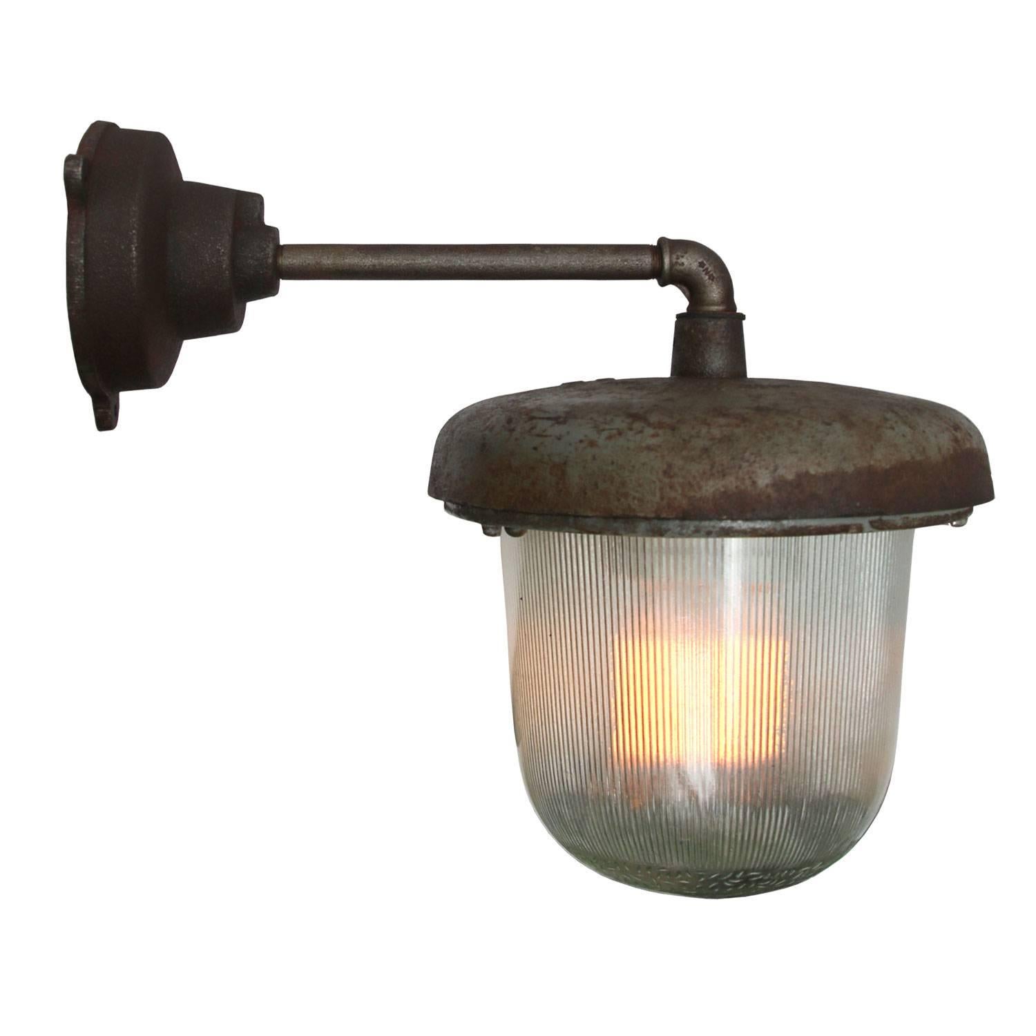 Polish Brown Gray Vintage Industrial Cast Iron Holophane Glass Wall Light