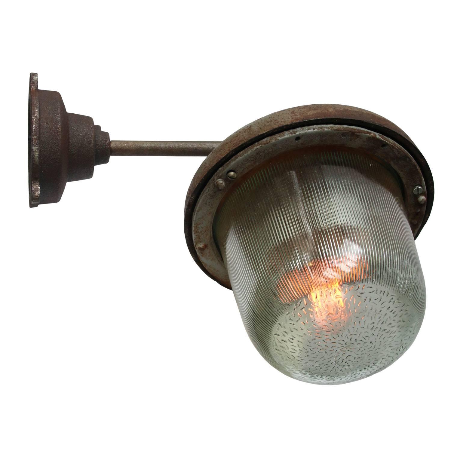 Brown Gray Vintage Industrial Cast Iron Holophane Glass Wall Light In Good Condition In Amsterdam, NL