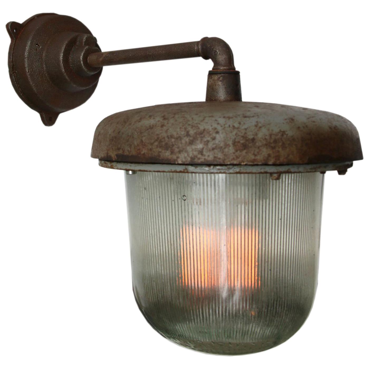 Brown Gray Vintage Industrial Cast Iron Holophane Glass Wall Light