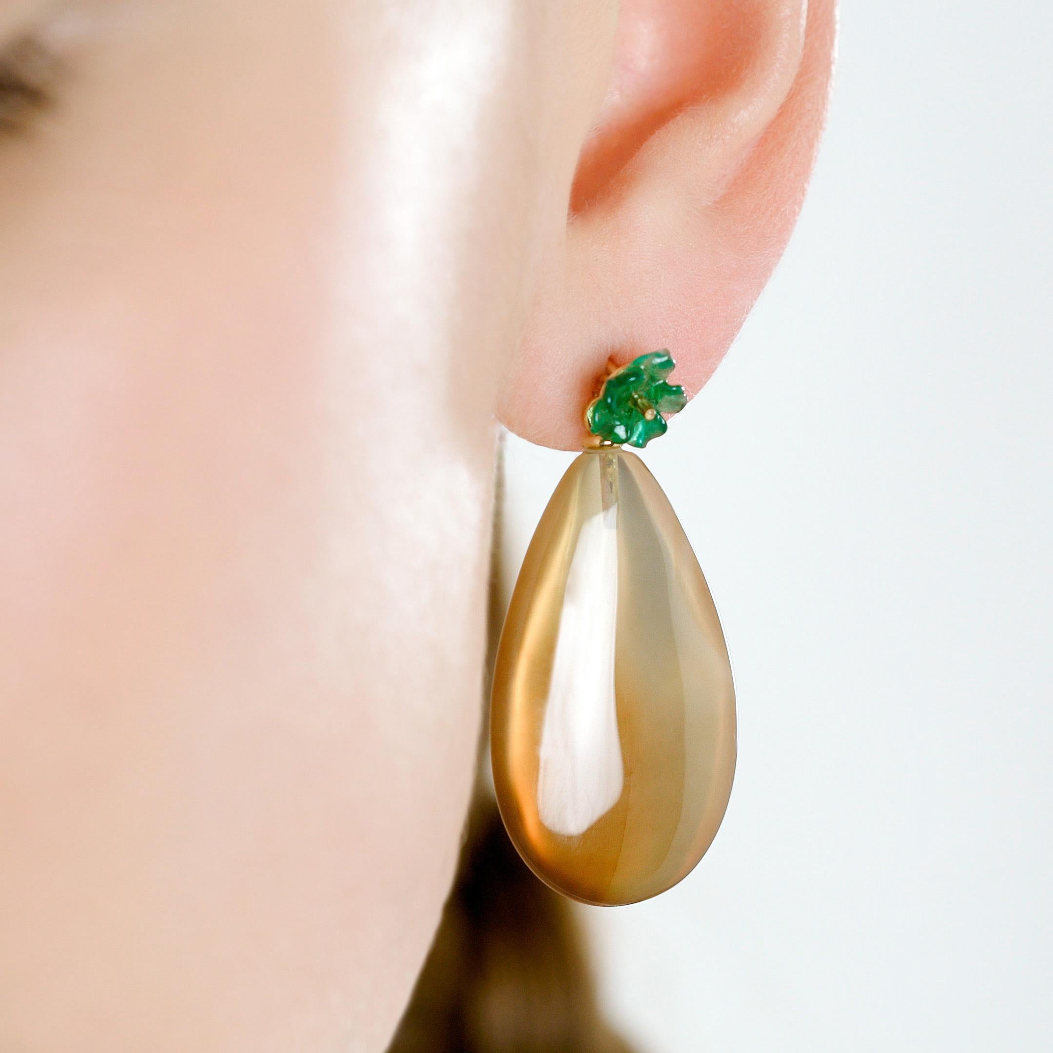 Orecchini a goccia in oro naturale 18 carati con fiore di agata verde marrone, moderni e chic. in vendita 14