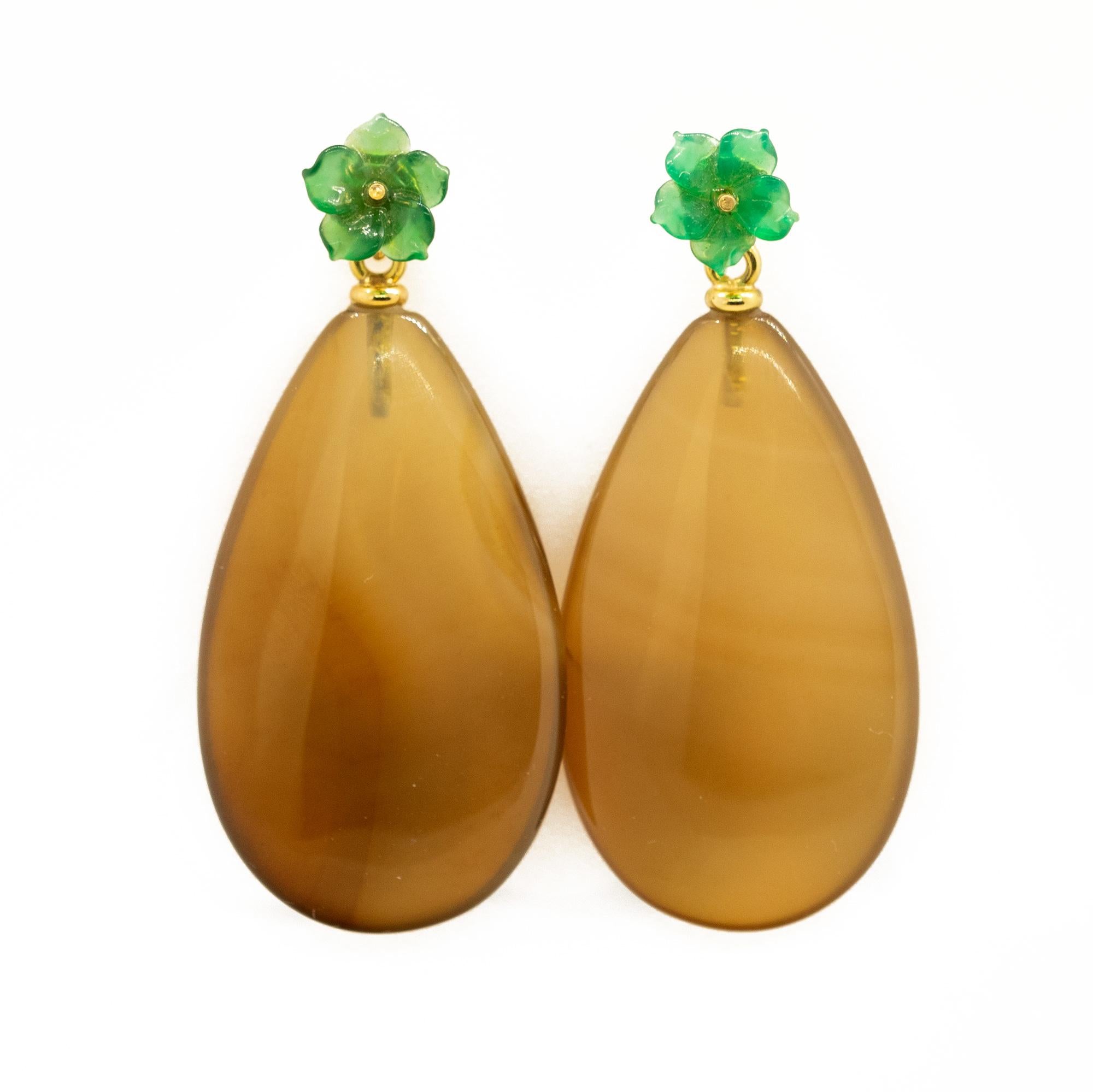Brown Green Agate Flower Natural 18 Karat Gold Drop Modern Italian Chic  Earrings For Sale at 1stDibs