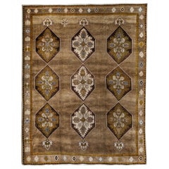 Brown, Green and Ivory Handmade Wool Turkish Old Anatolian Konya Rug