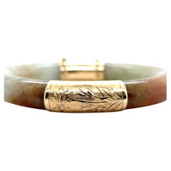 Brown & Green Jadeite 14k Yellow Gold Hinged Bangle 1970s