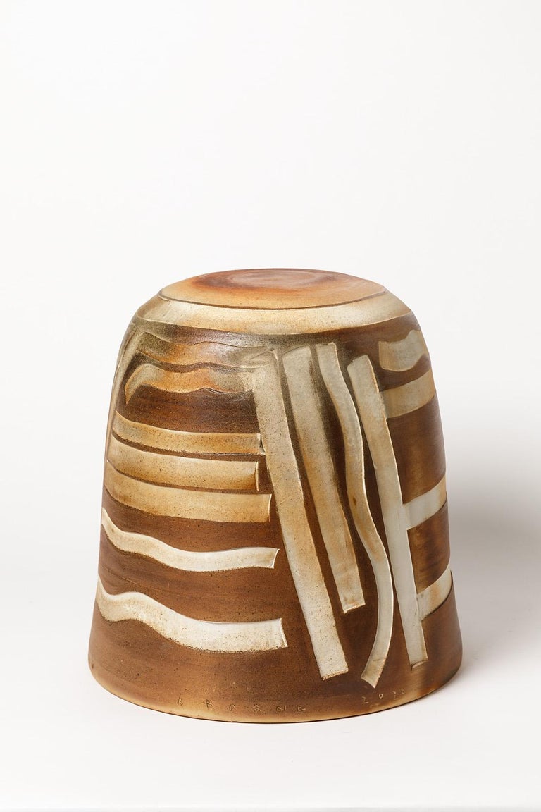 Brown, Grey and White Stoneware Ceramic Stool by Roz Herrin Modern