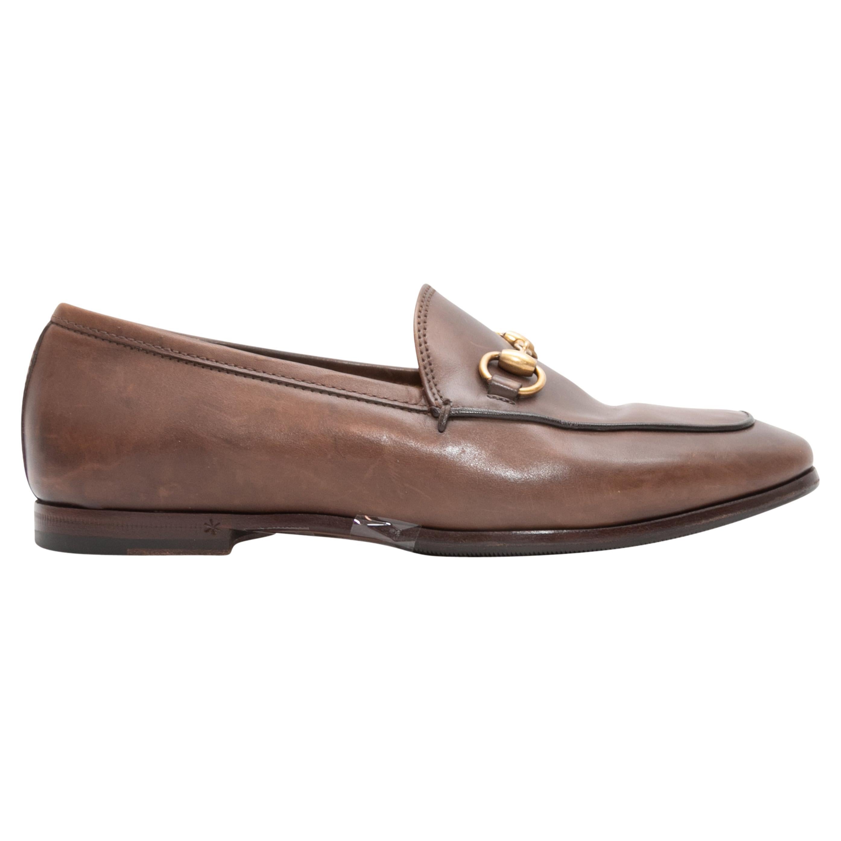 Brown Gucci Leather Horsebit Loafers For Sale