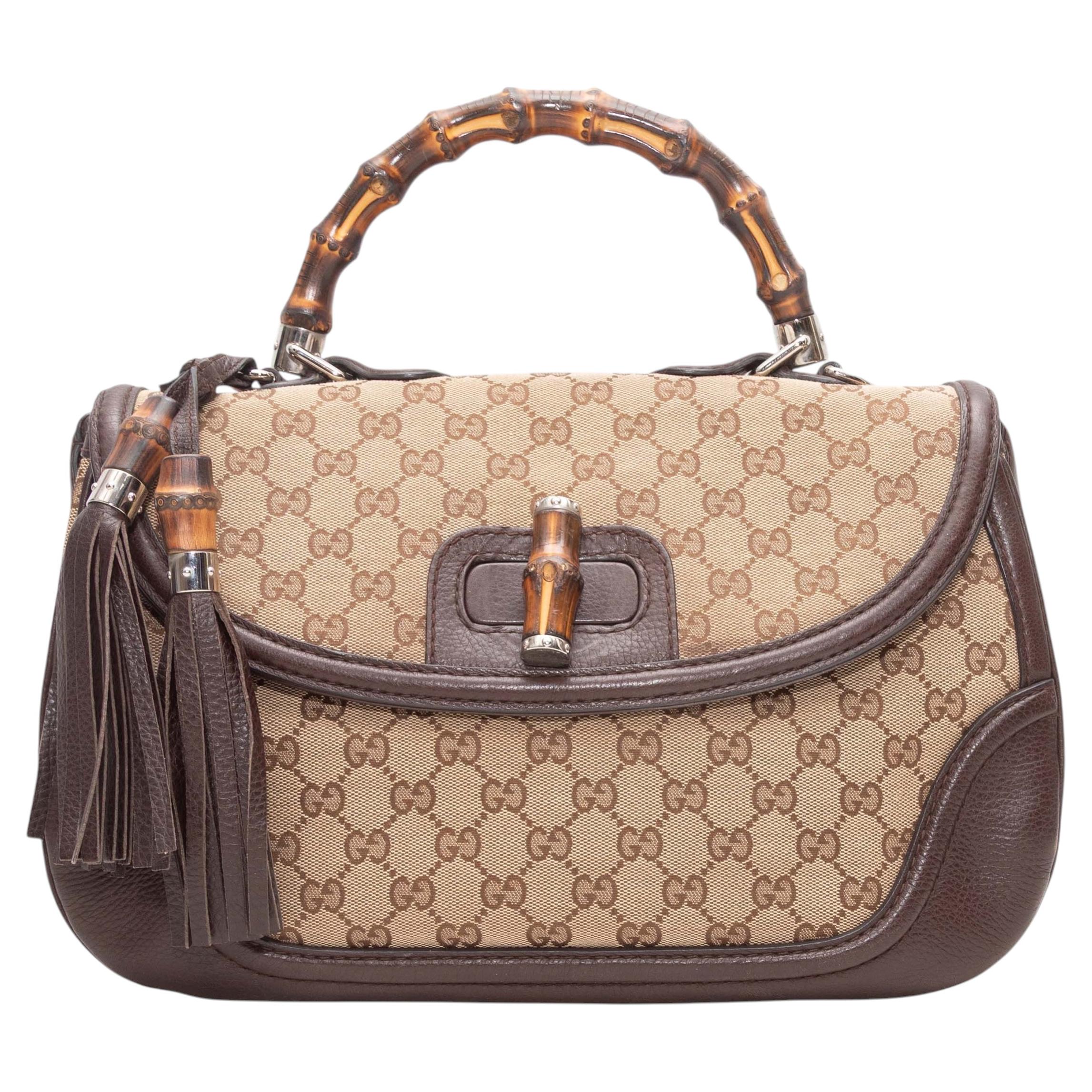 Brown Gucci Monogram Bamboo Top Handle Bag