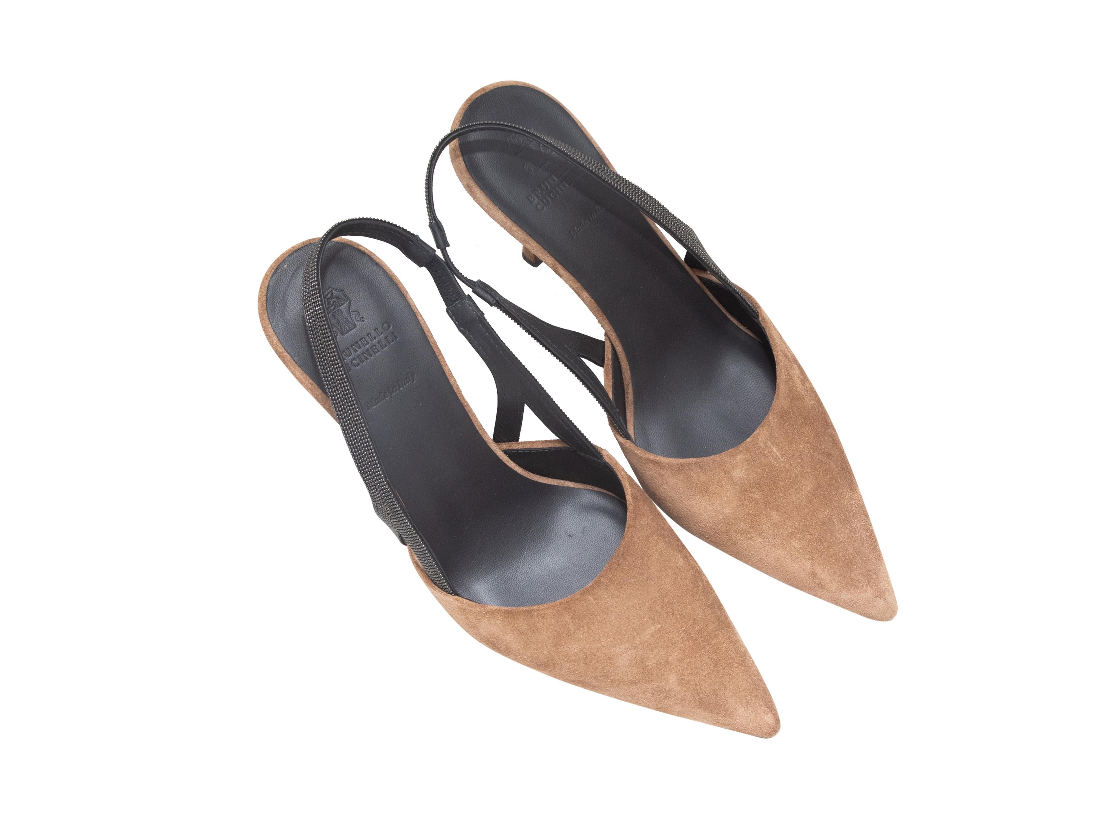 Brown suede and gunmetal Monili-detailed pointed-toe slingback pumps by Brunello Cucineli. 3.5