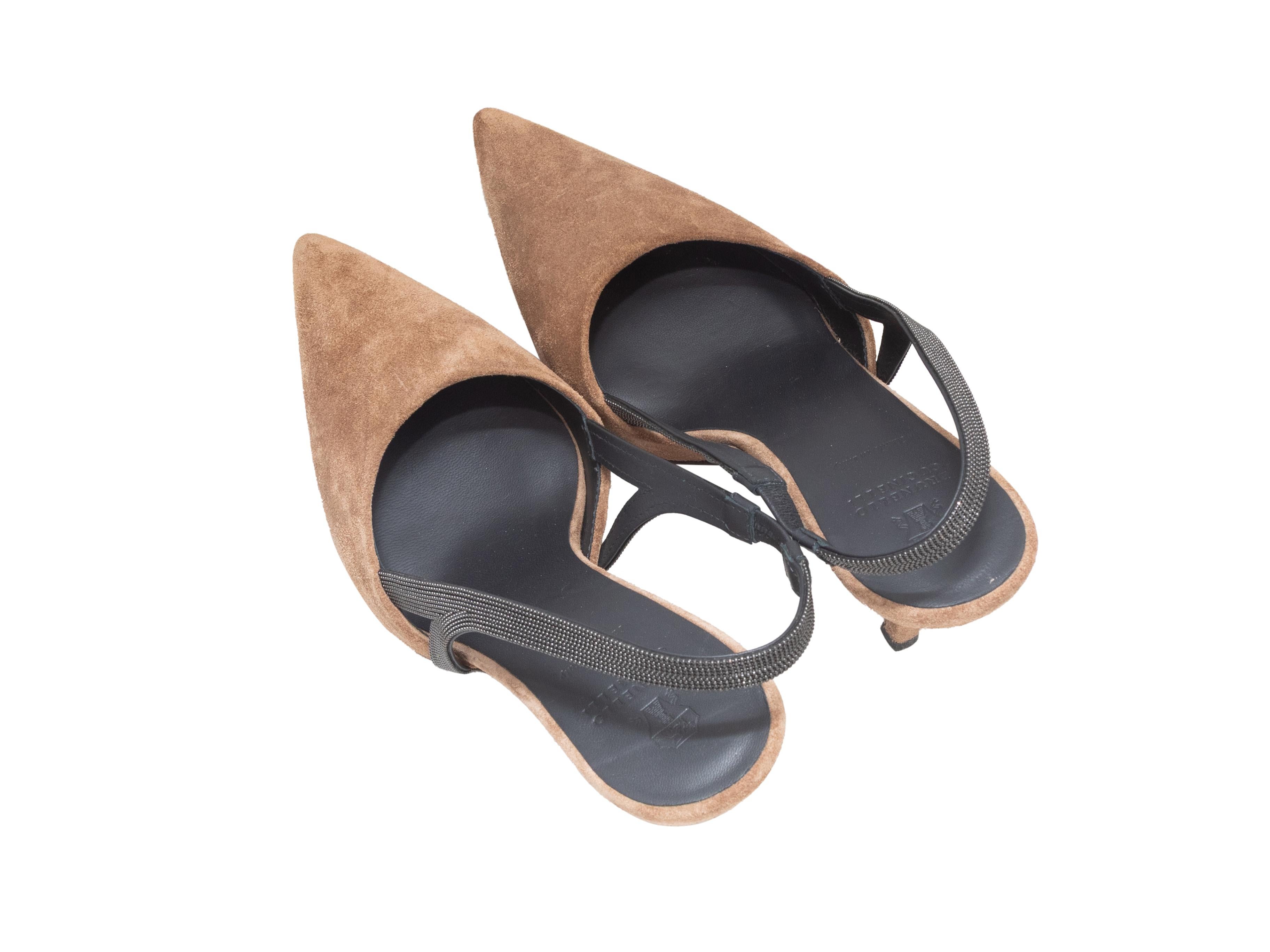 Brown & Gunmetal Brunello Cucinelli Pointed-Toe Suede & Monili Slingbacks S 39.5 In Good Condition For Sale In New York, NY