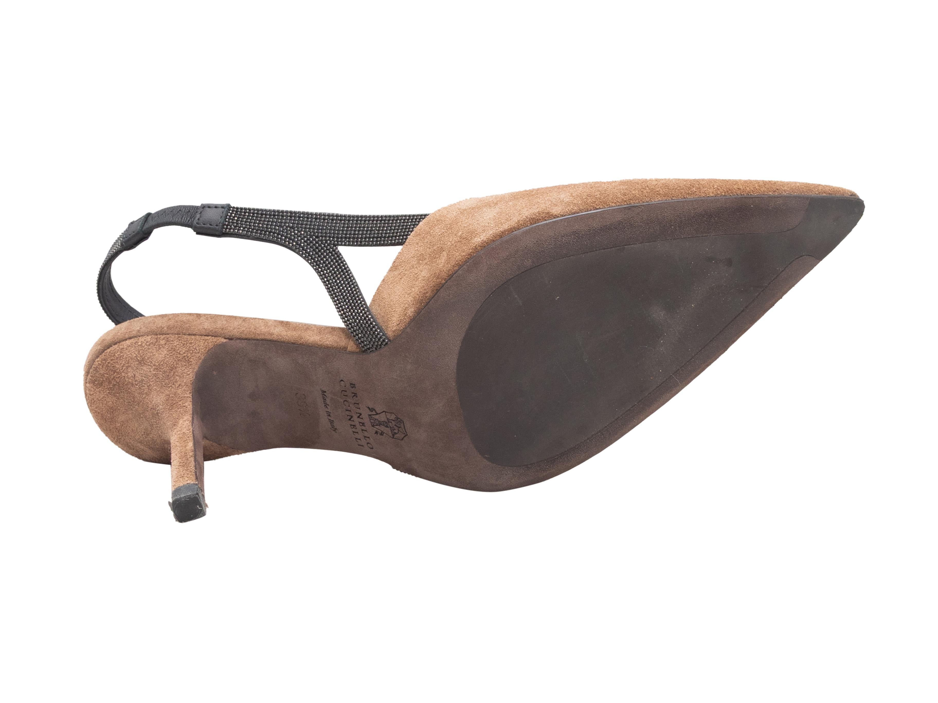 Brown & Gunmetal Brunello Cucinelli Pointed-Toe Suede & Monili Slingbacks S 39.5 For Sale 1