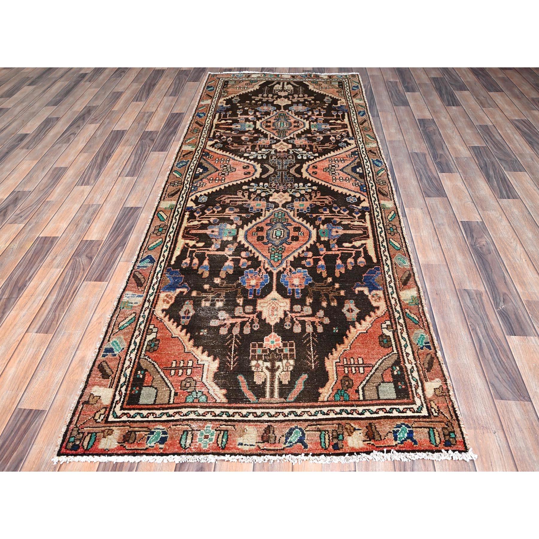 Medieval Brown Hand Knotted Old Persian Lilahan Distressed Runner Pure Wool Clean Rug For Sale