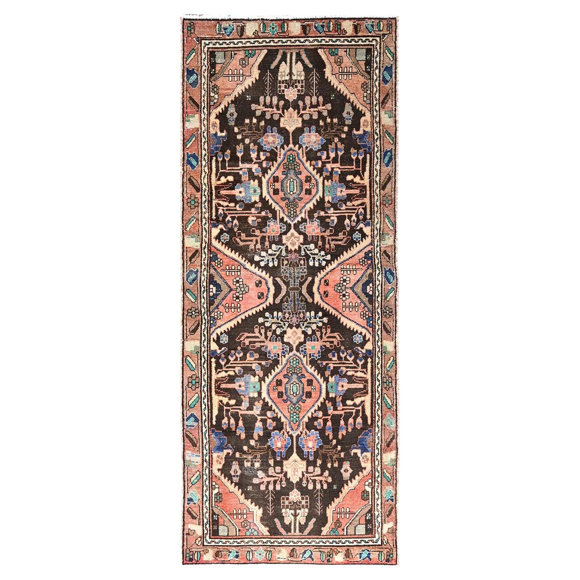 Brown Hand Knotted Old Persian Lilahan Distressed Runner Pure Wool Clean Rug For Sale