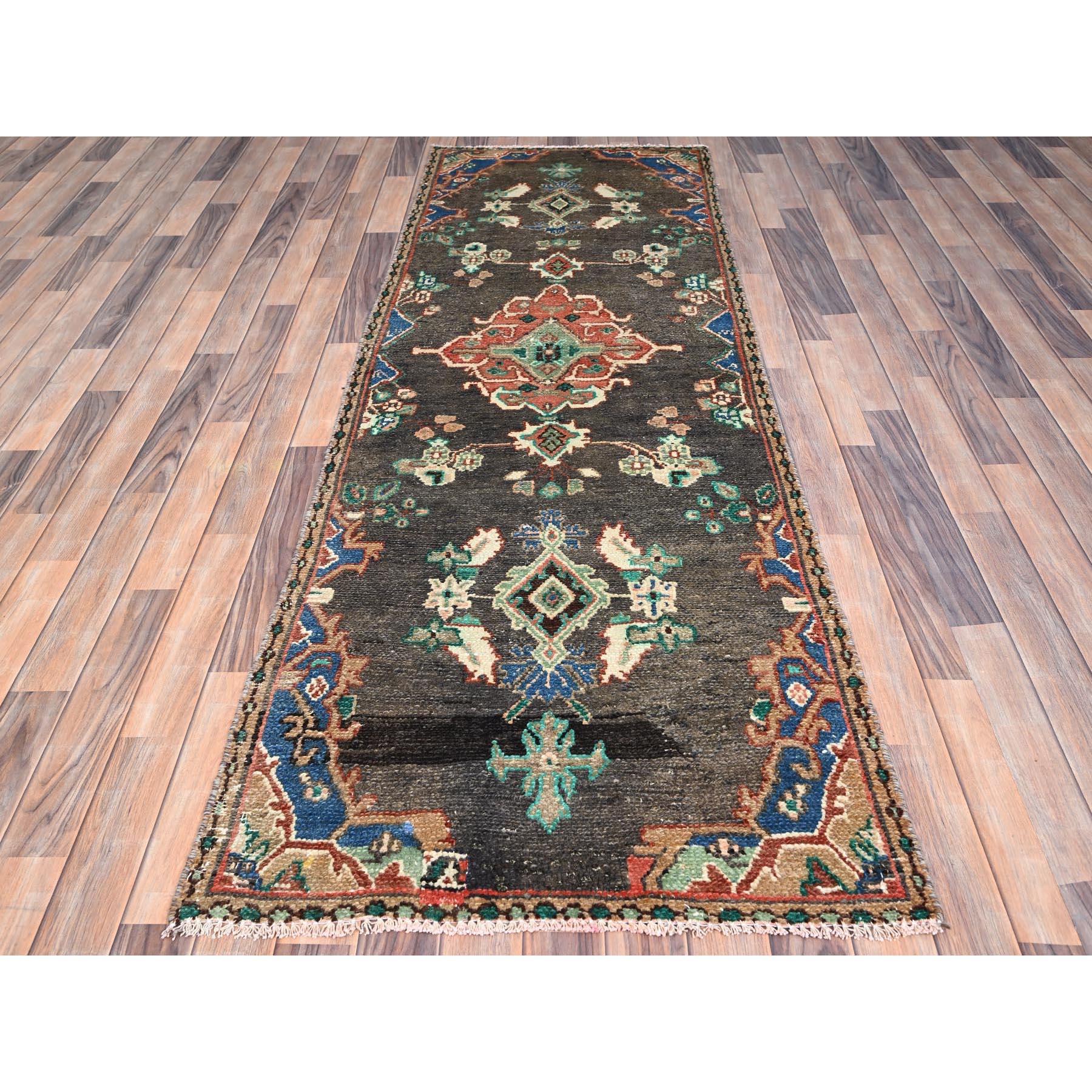 Medieval Brown Hand Knotted Vintage Persian Hamadan Clean Distressed Look Wool Runner Rug For Sale