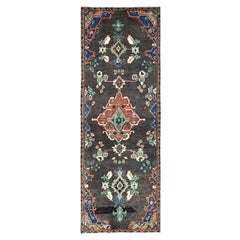 Brown Hand Knotted Vintage Persian Hamadan Clean Distressed Look Wool Runner Rug