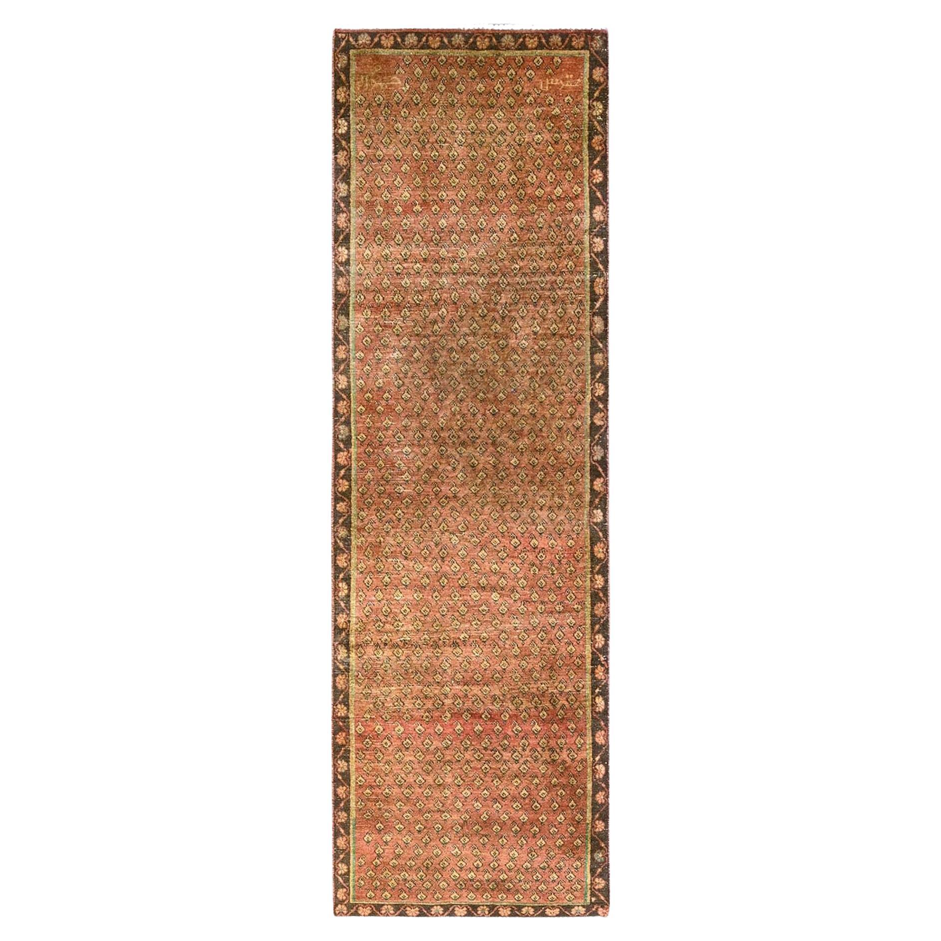 Brown Hand Knotted Vintage Persian Shiraz Distressed Look Wool Clean Runner Rug