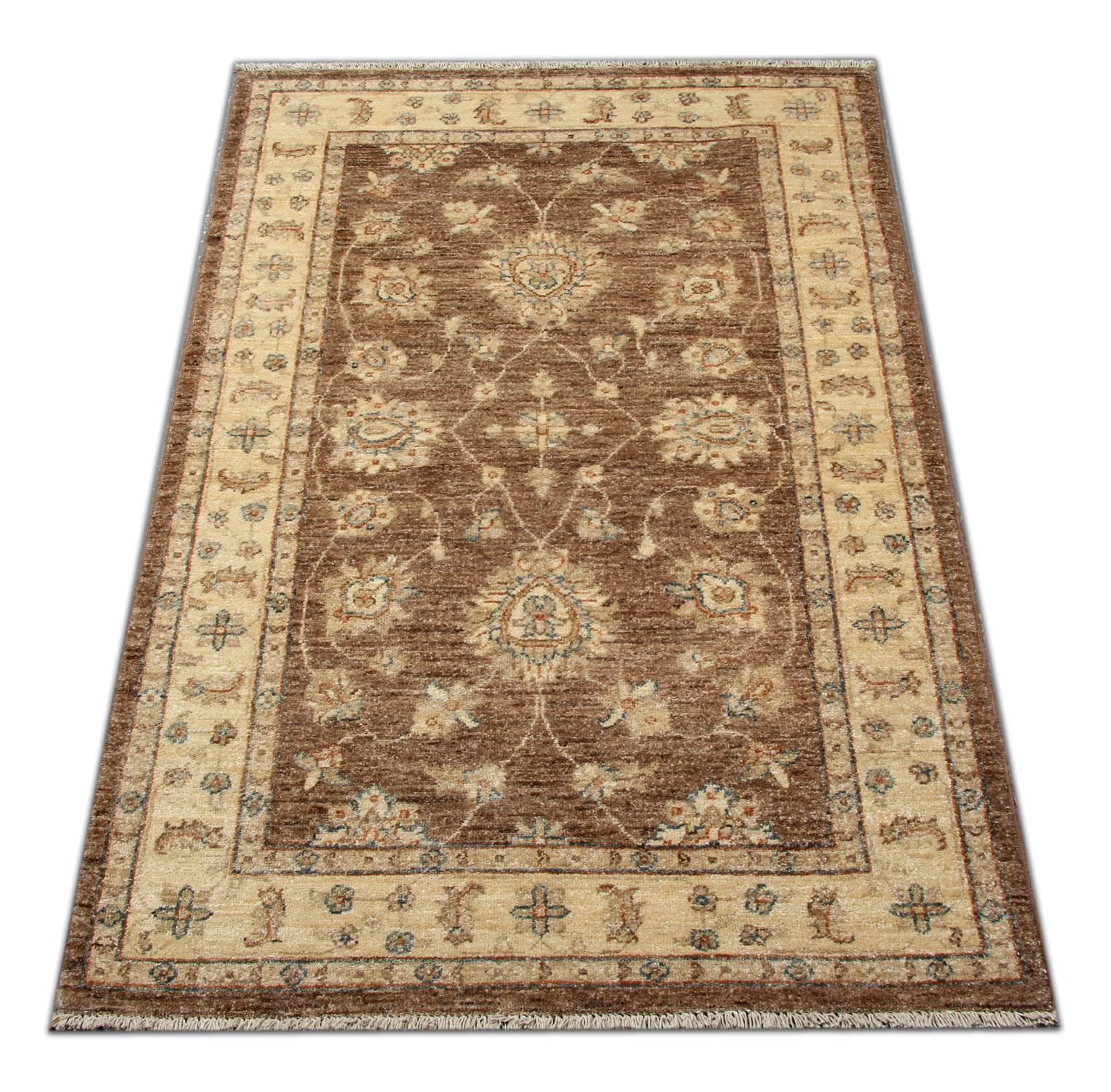 This rug is an example of handmade rugs in Afghanistan by skilled weavers. Handspun wool is used with natural dyes then the rug is professionally washed and finished. These traditional rugs are kind of our luxury rugs made of our own looms by our
