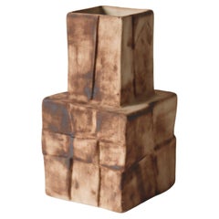 Brown Handcrafted Ceramic Cubic Vase with Earth-Toned Burnt Texture