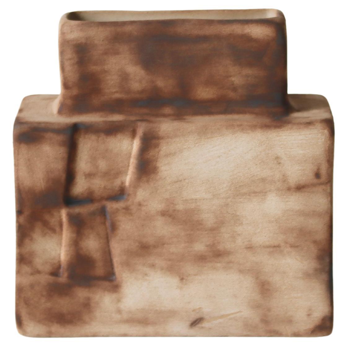 Brown Handcrafted Ceramic Rectangular Vase with Earth-Toned Burnt Texture