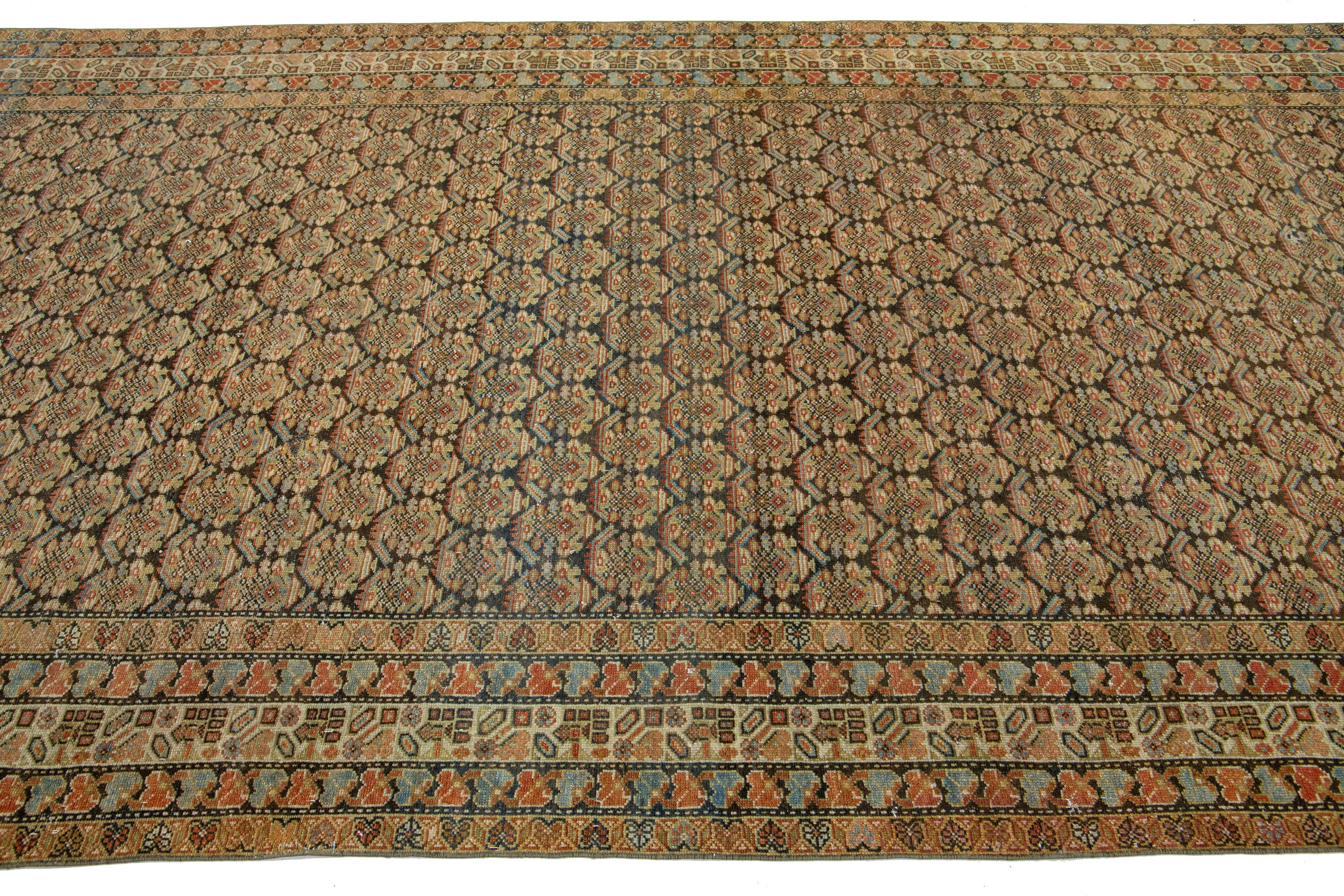 Brown Handmade Antique Persian Malayer Wool Rug with Allover Pattern In Excellent Condition For Sale In Norwalk, CT