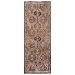 Brown Handmade Persian Qashqai Vintage Worn Down Bohemian Wool Runner Rug