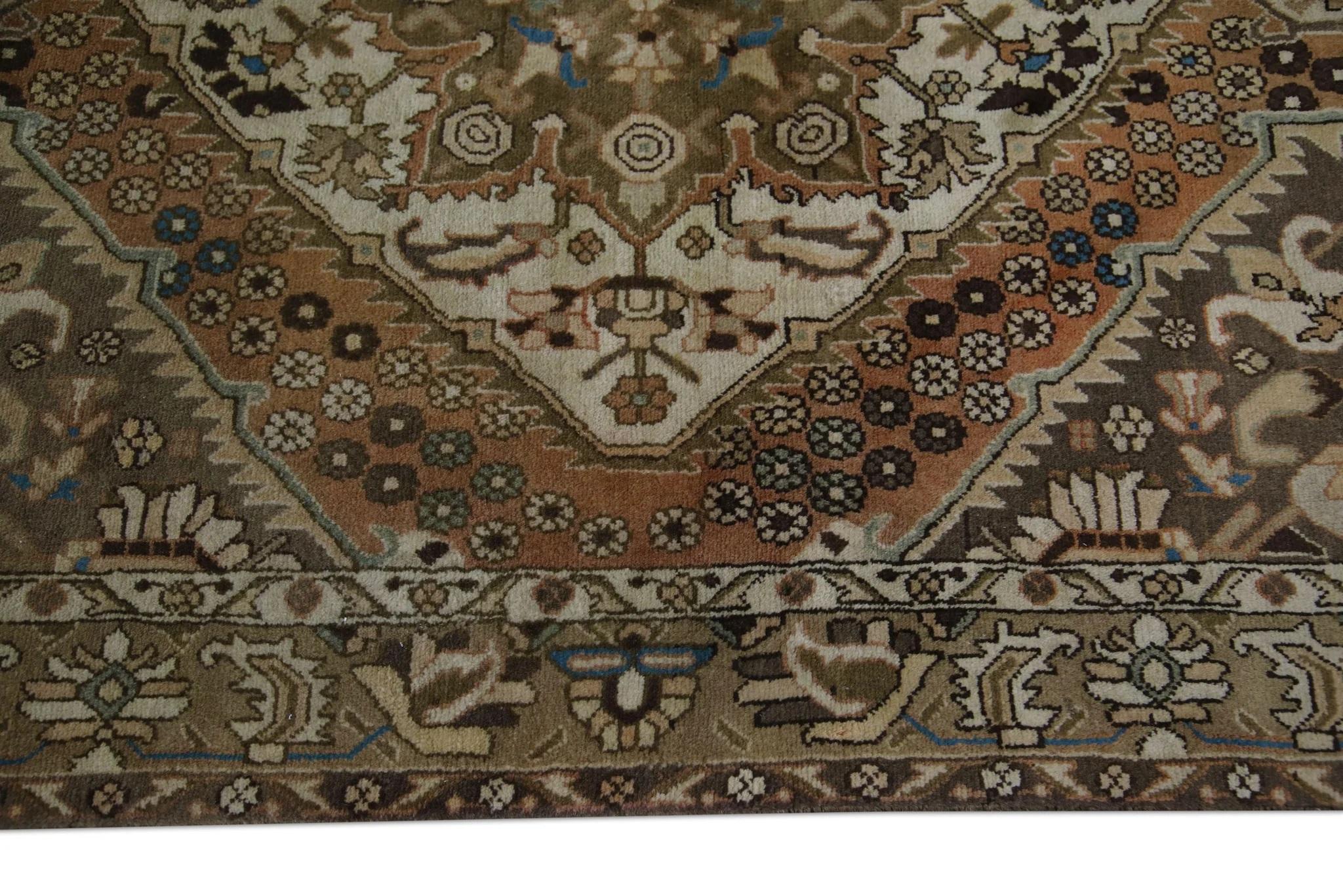 Contemporary Brown Handwoven Wool Vintage Turkish Oushak Rug 5' x 6'7