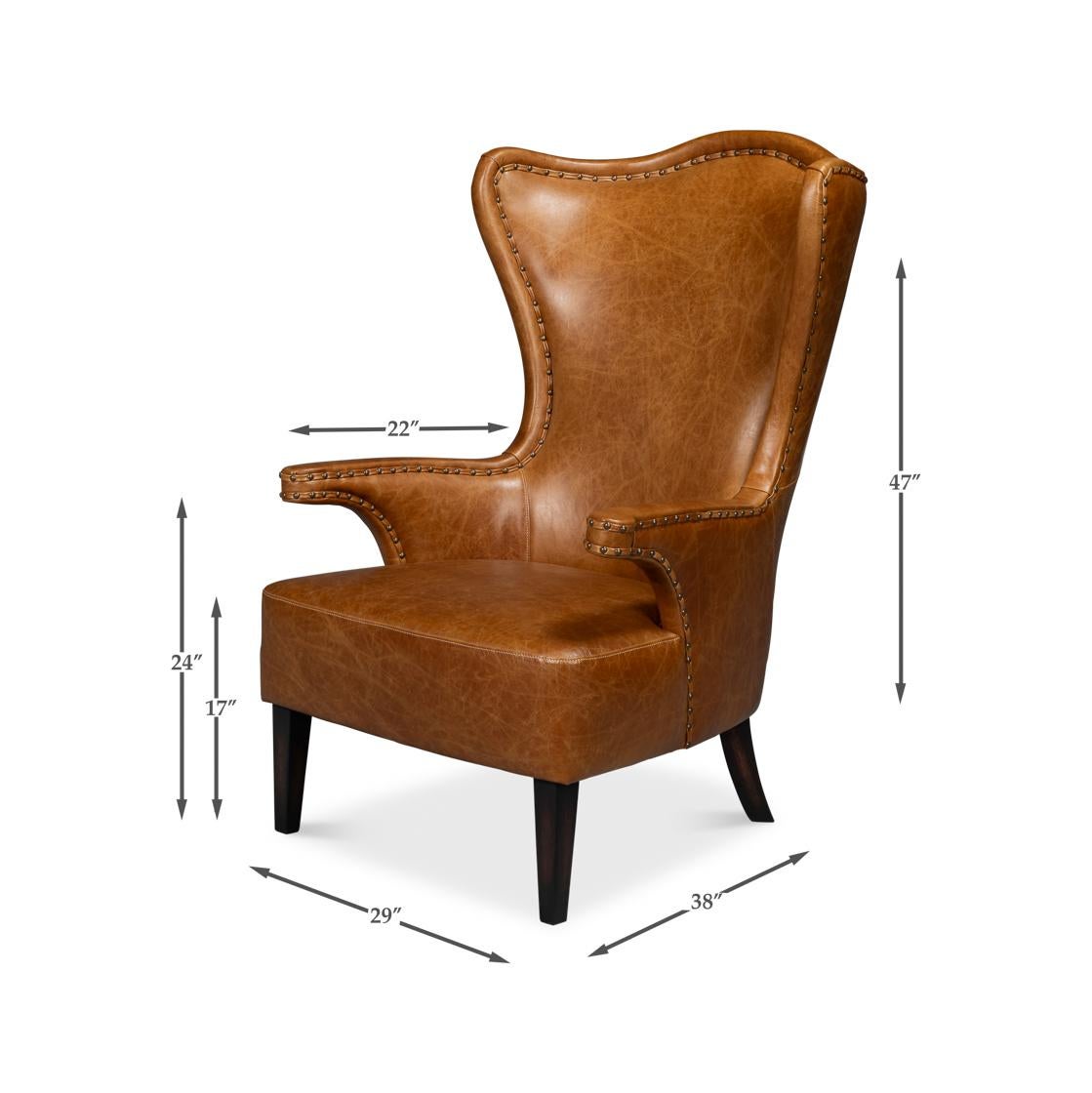 Brown High Back Leather Wing Chair For Sale 5