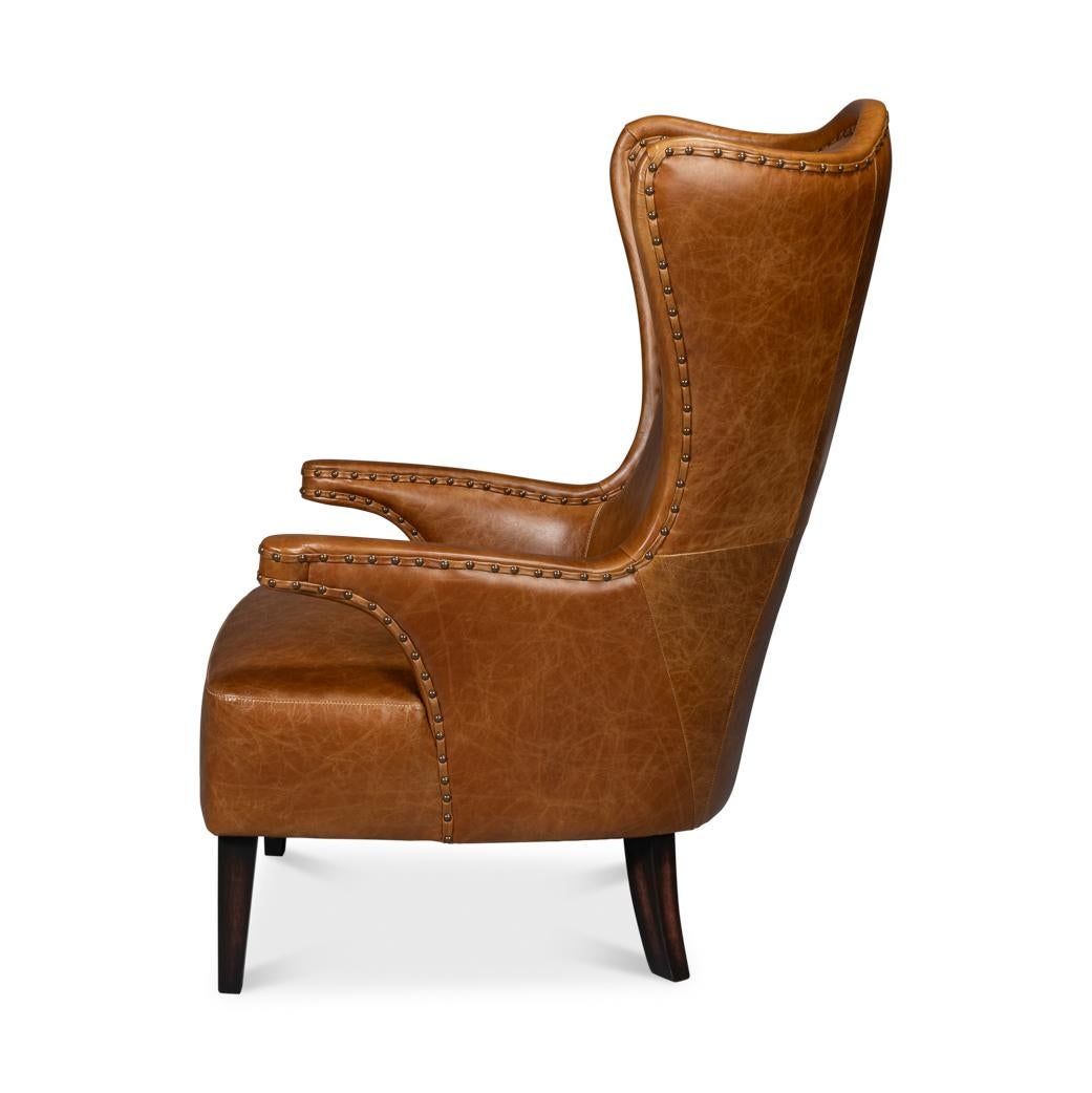 American Classical Brown High Back Leather Wing Chair For Sale