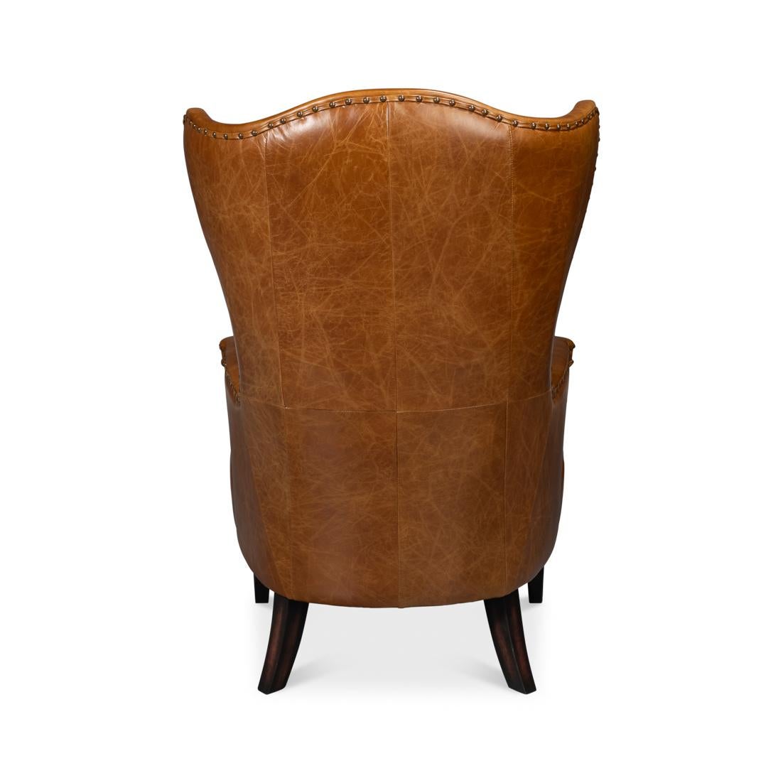 Asian Brown High Back Leather Wing Chair For Sale