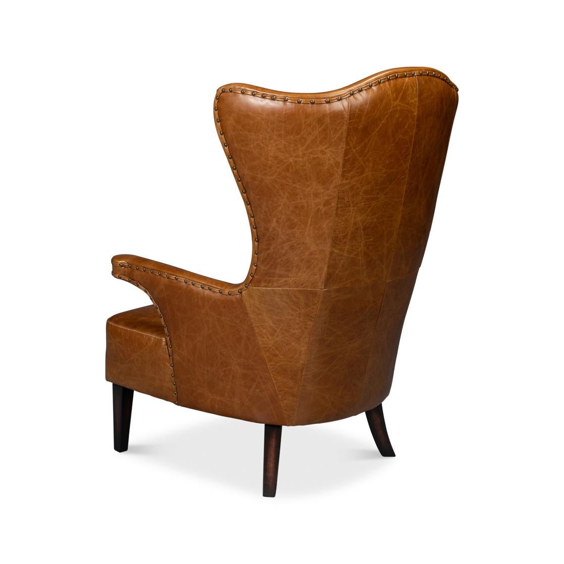 Brown High Back Leather Wing Chair In New Condition For Sale In Westwood, NJ