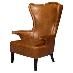 Brown High Back Leather Wing Chair