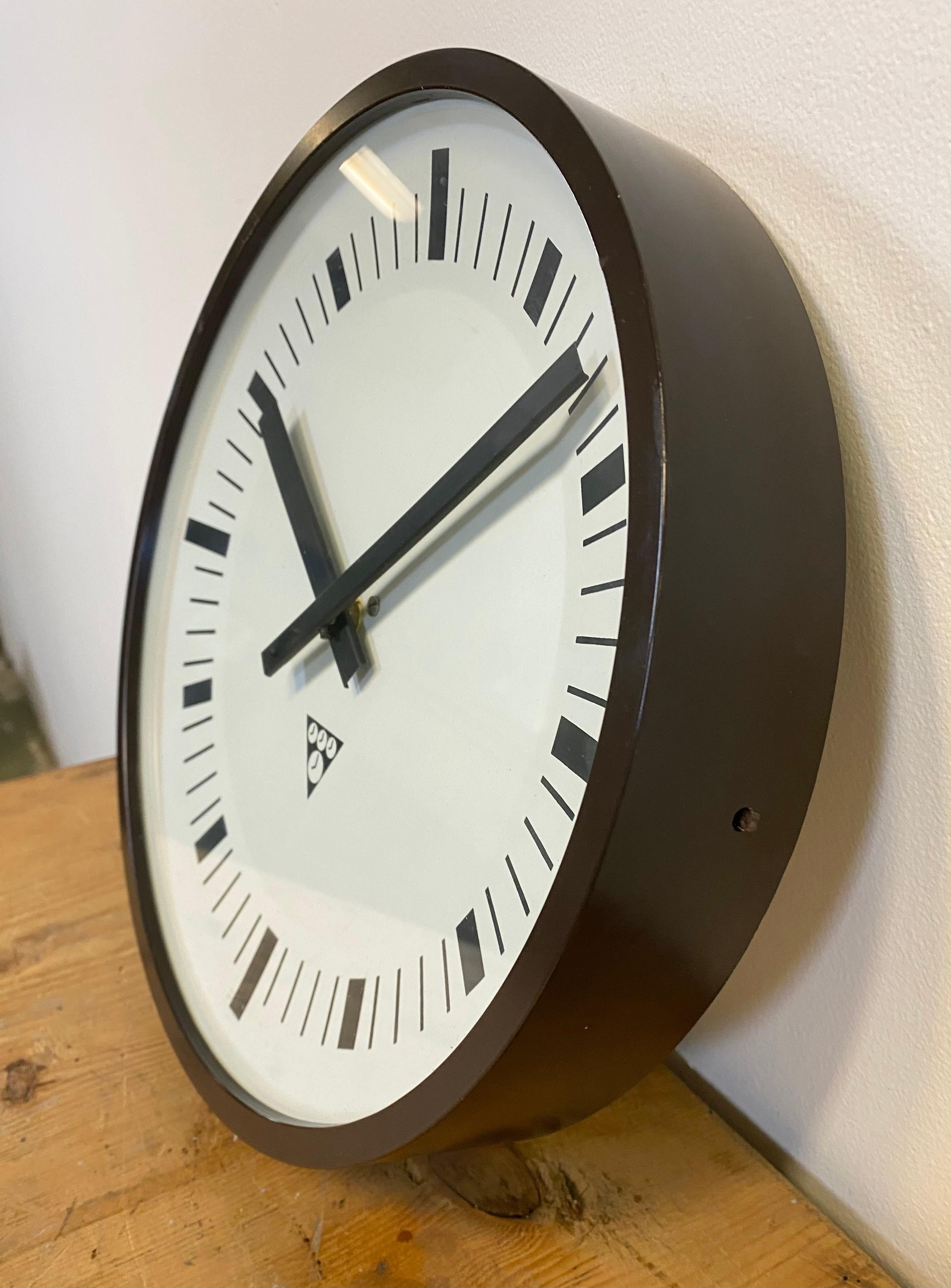 Czech Brown Industrial Bakelite Wall Clock from Pragotron, 1970s