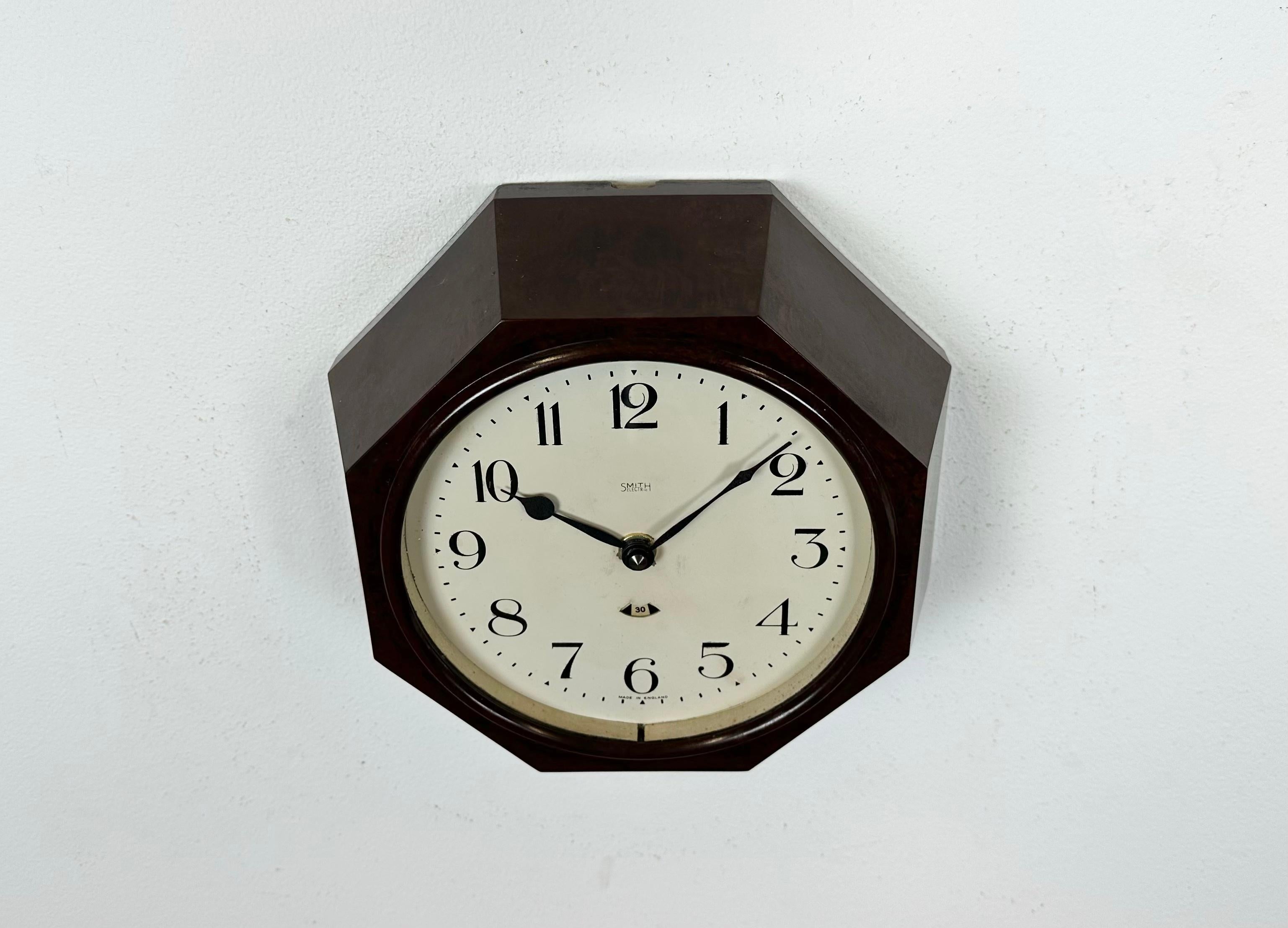 British Brown Industrial Bakelite Wall Clock from Smith Electric, 1950s For Sale