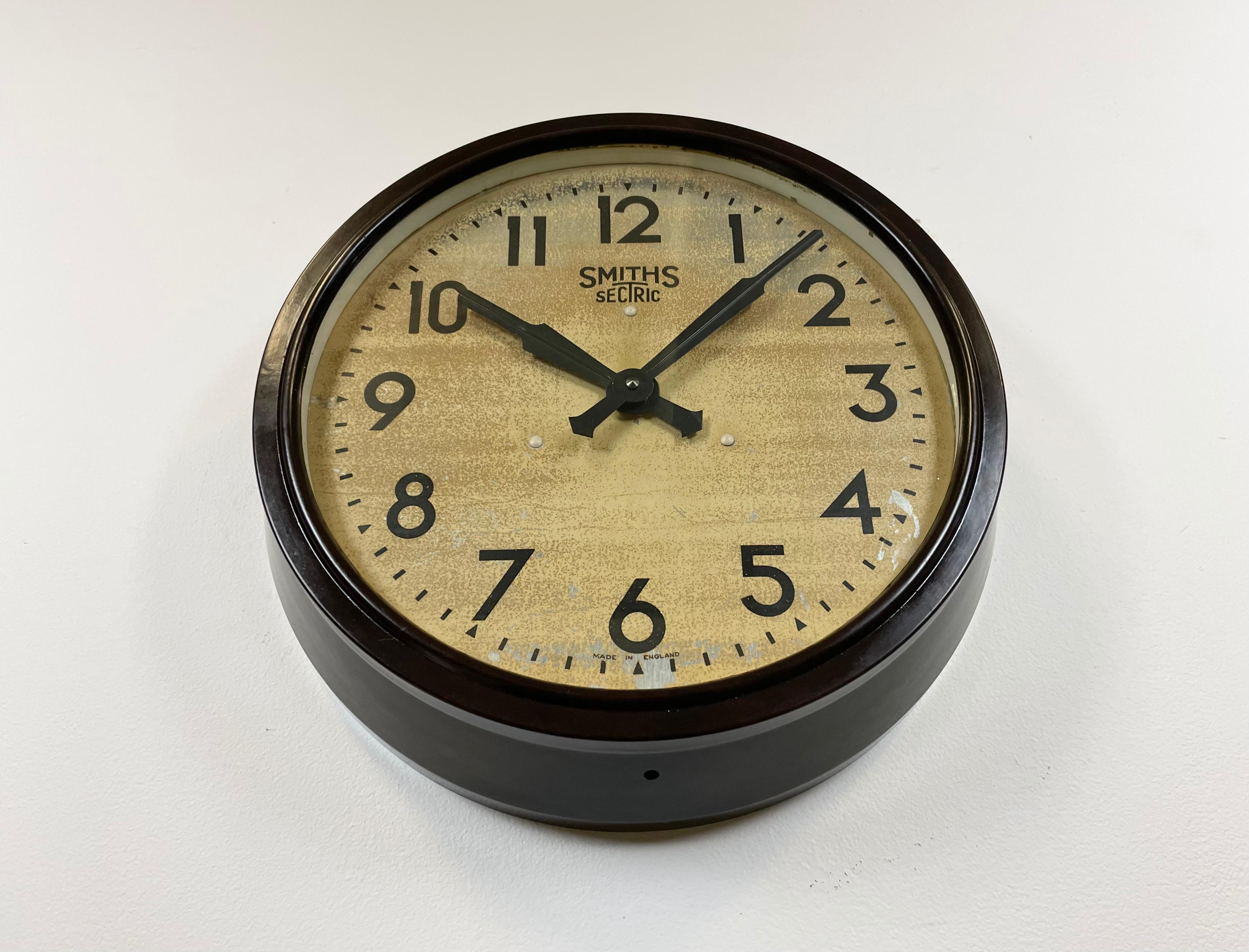 British Brown Industrial Bakelite Wall Clock from Smith Sectric, 1930s
