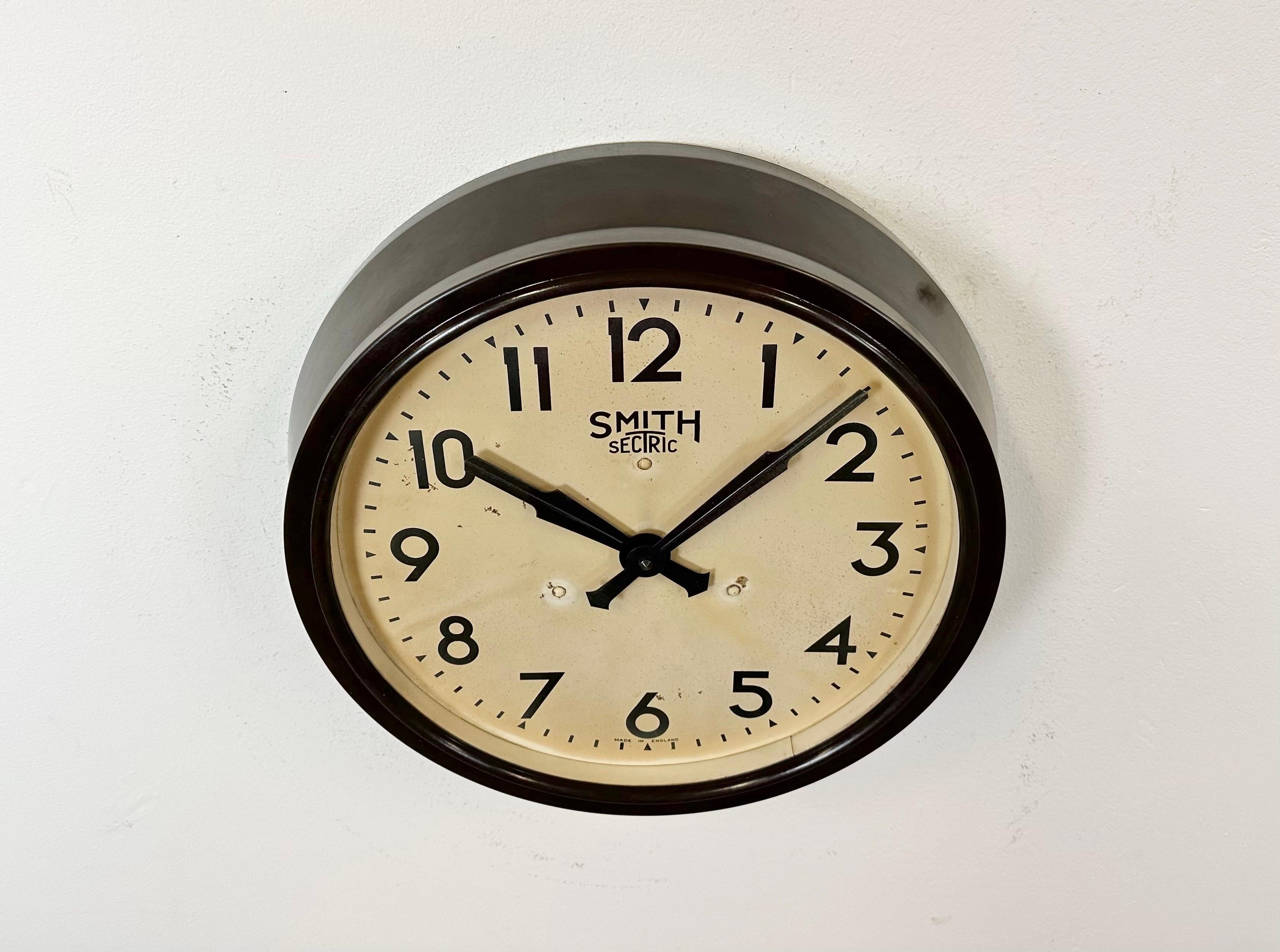 Czech Brown Industrial Bakelite Wall Clock from Smith Sectric, 1950s