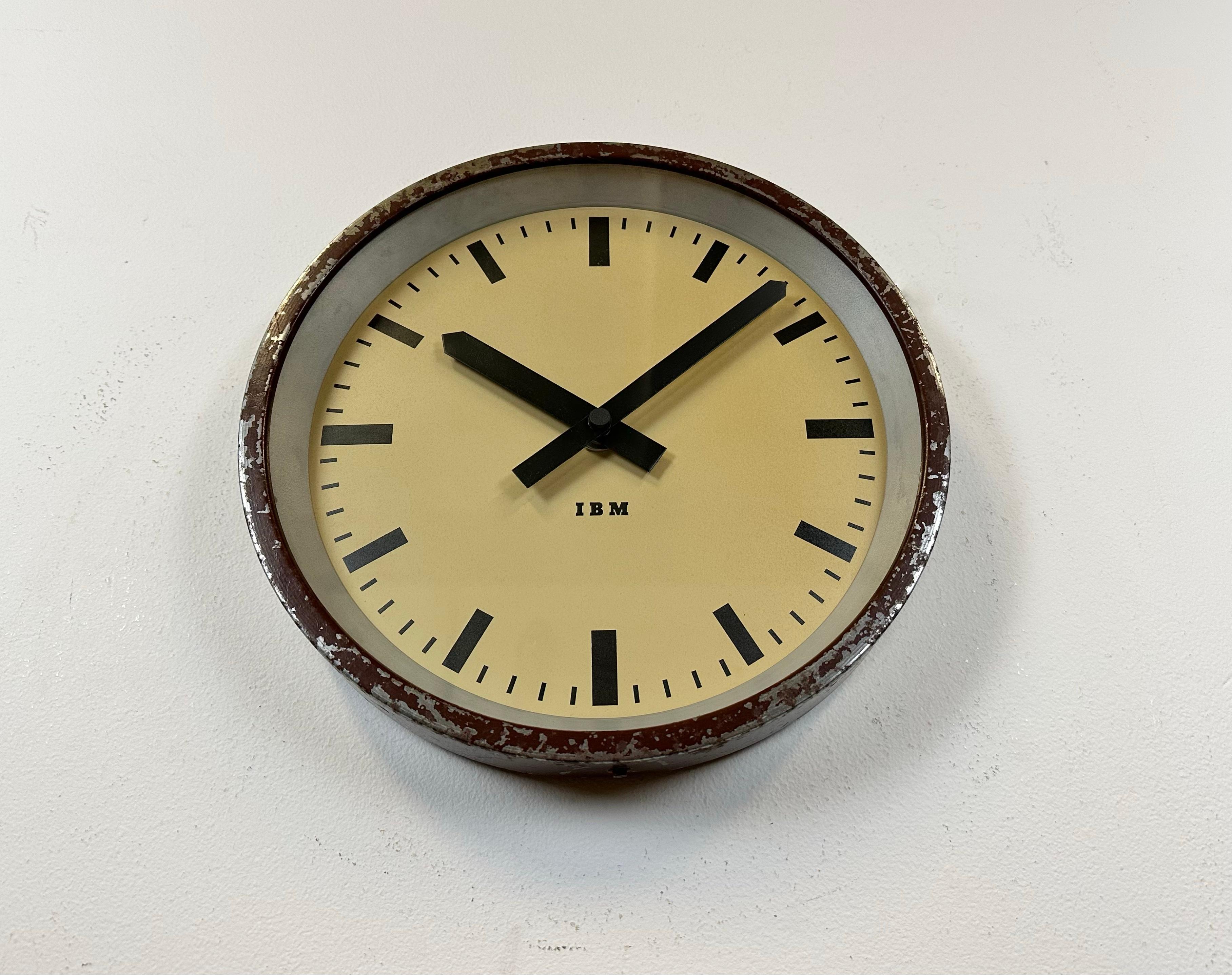 Glass Brown Industrial Factory Wall Clock from IBM, 1950s For Sale