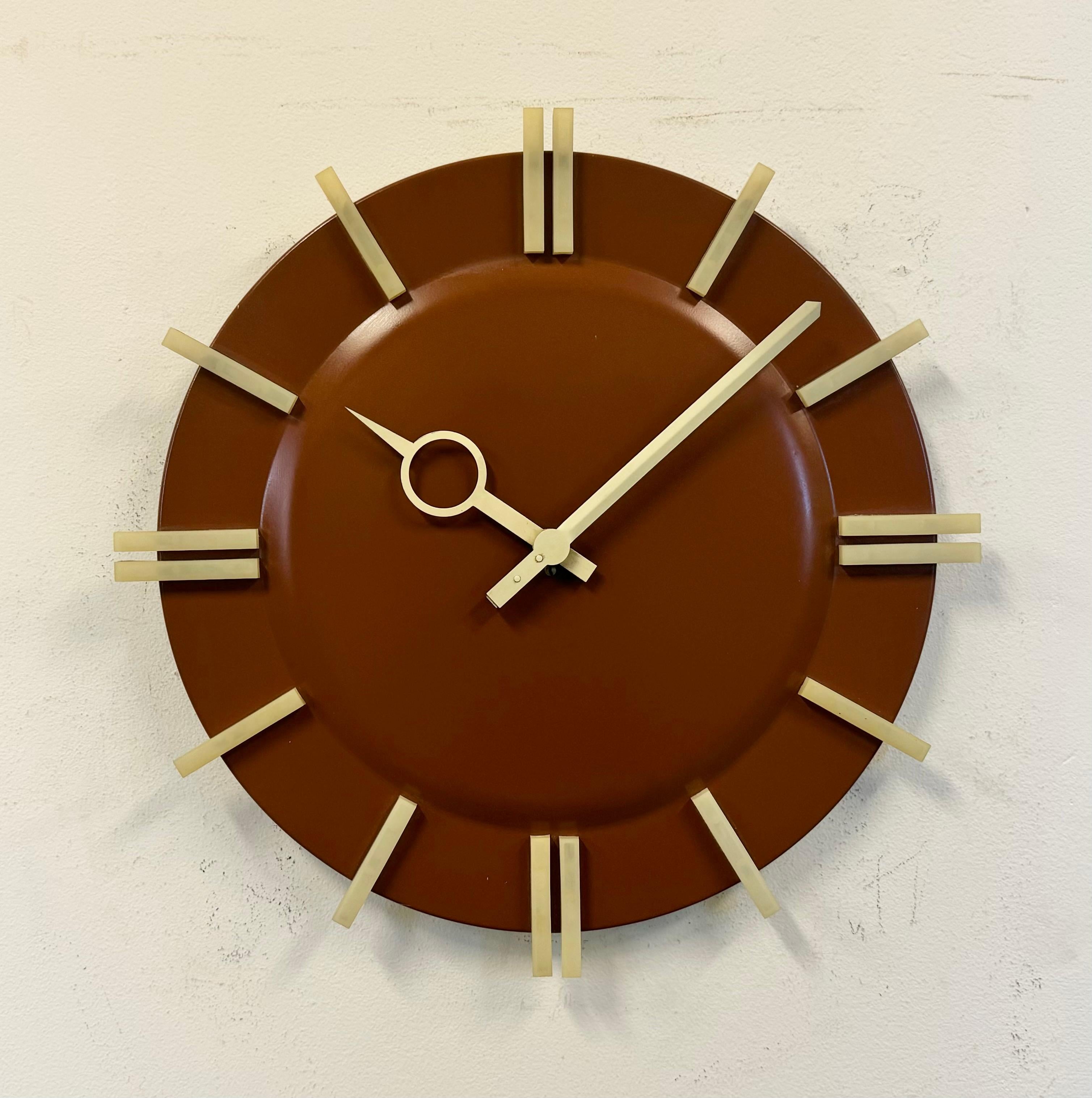 Czech Brown Industrial Office Wall Clock from Pragotron, 1970s For Sale