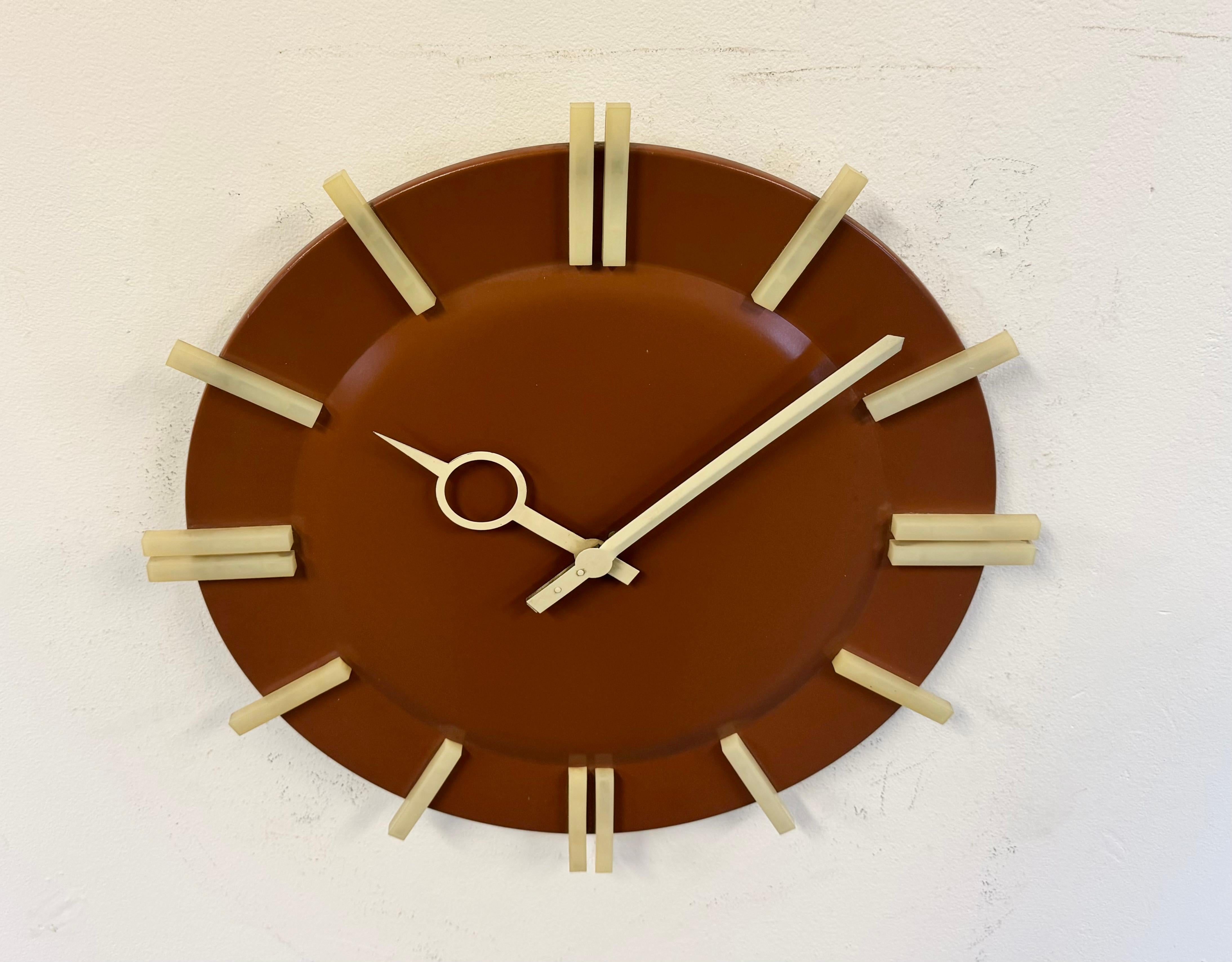 Metal Brown Industrial Office Wall Clock from Pragotron, 1970s For Sale