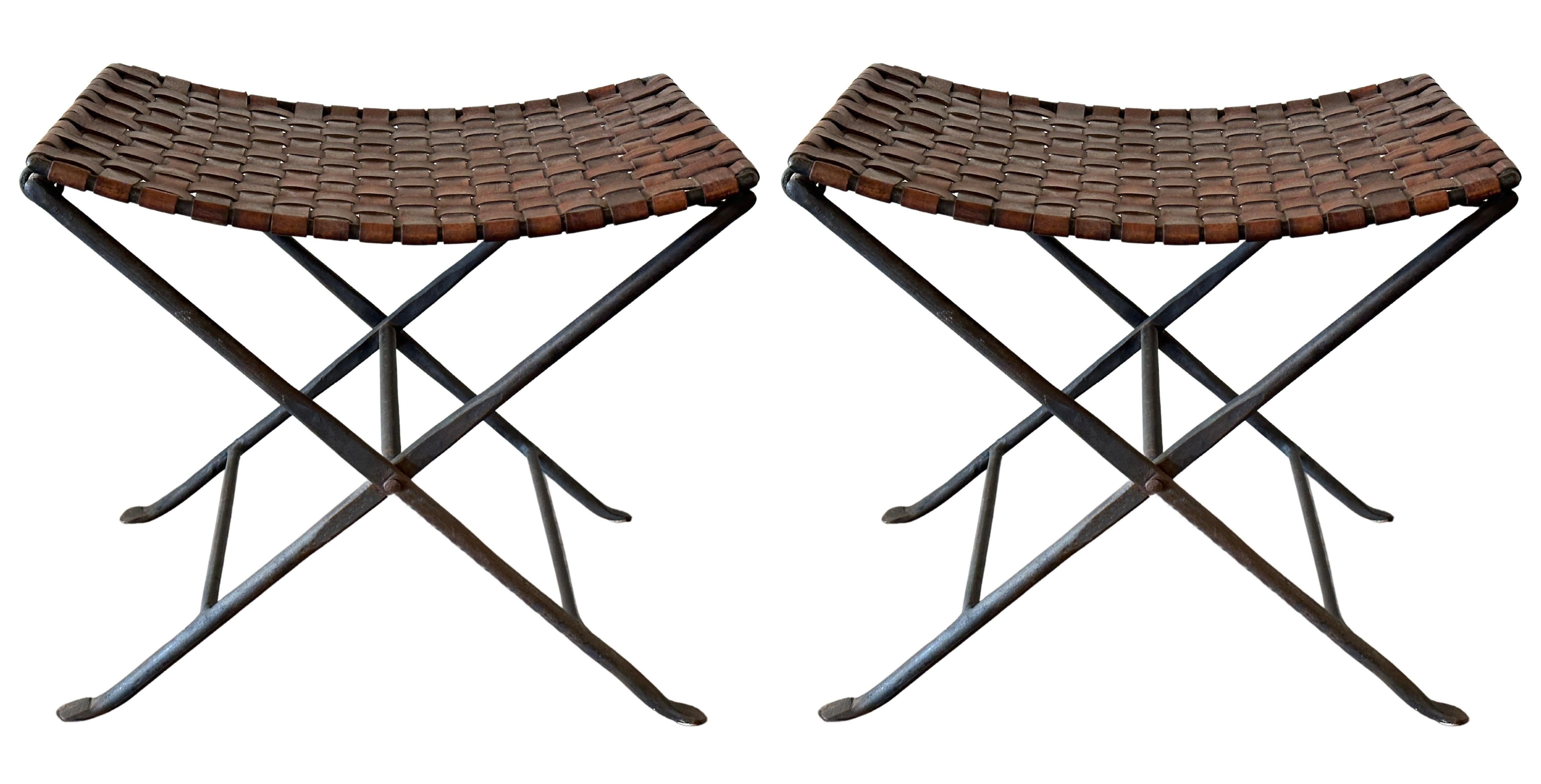 Brown Interwoven Lattice Leather Accent Stools with Iron X-Frame Legs- A Pair