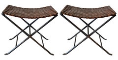Vintage Brown Interwoven Lattice Leather Accent Stools with Iron X-Frame Legs- A Pair