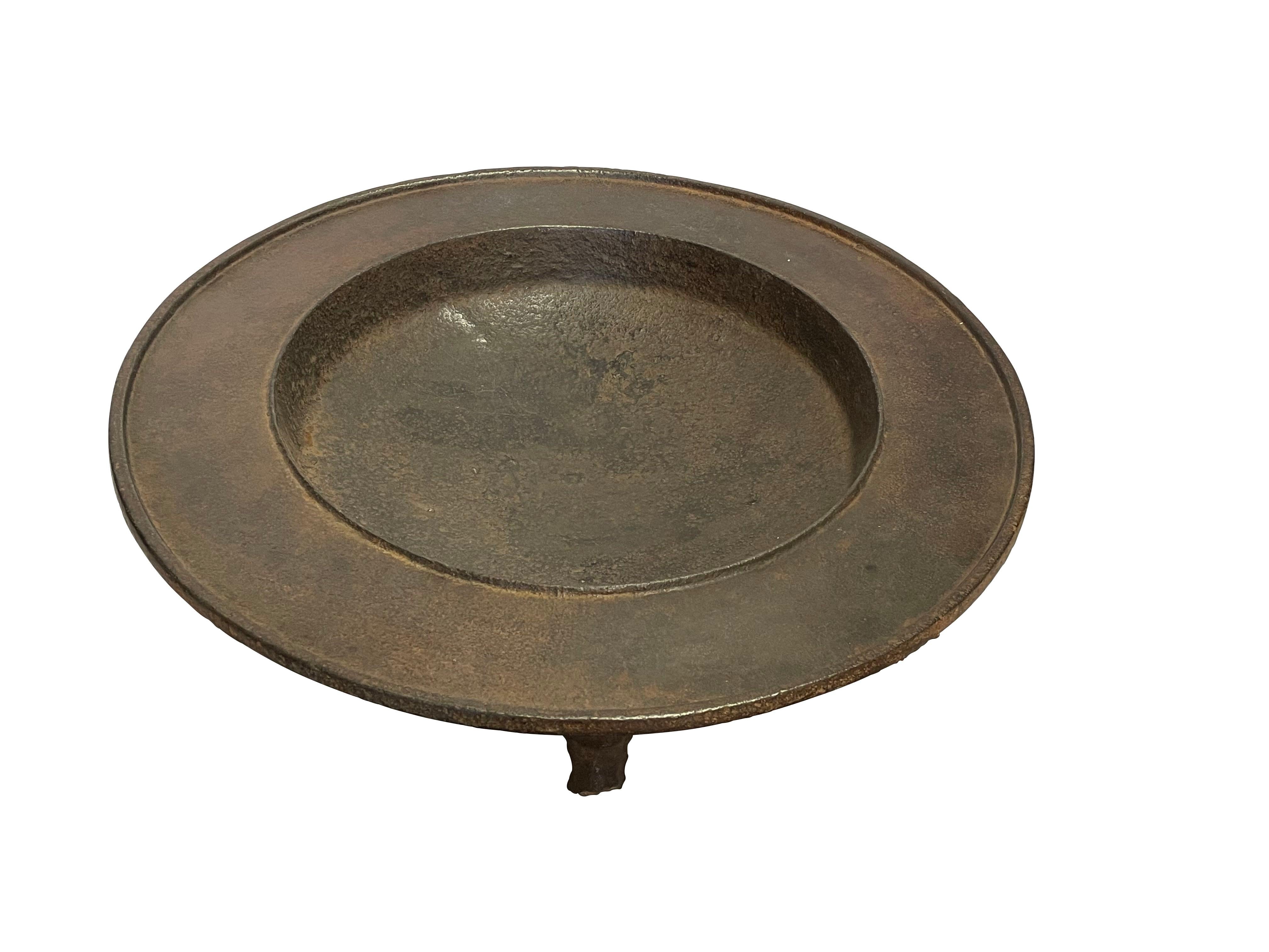 19th Century Indian round footed iron bowl on three legs.
Beautiful natural patina.
Often used as a food offering bowl.
