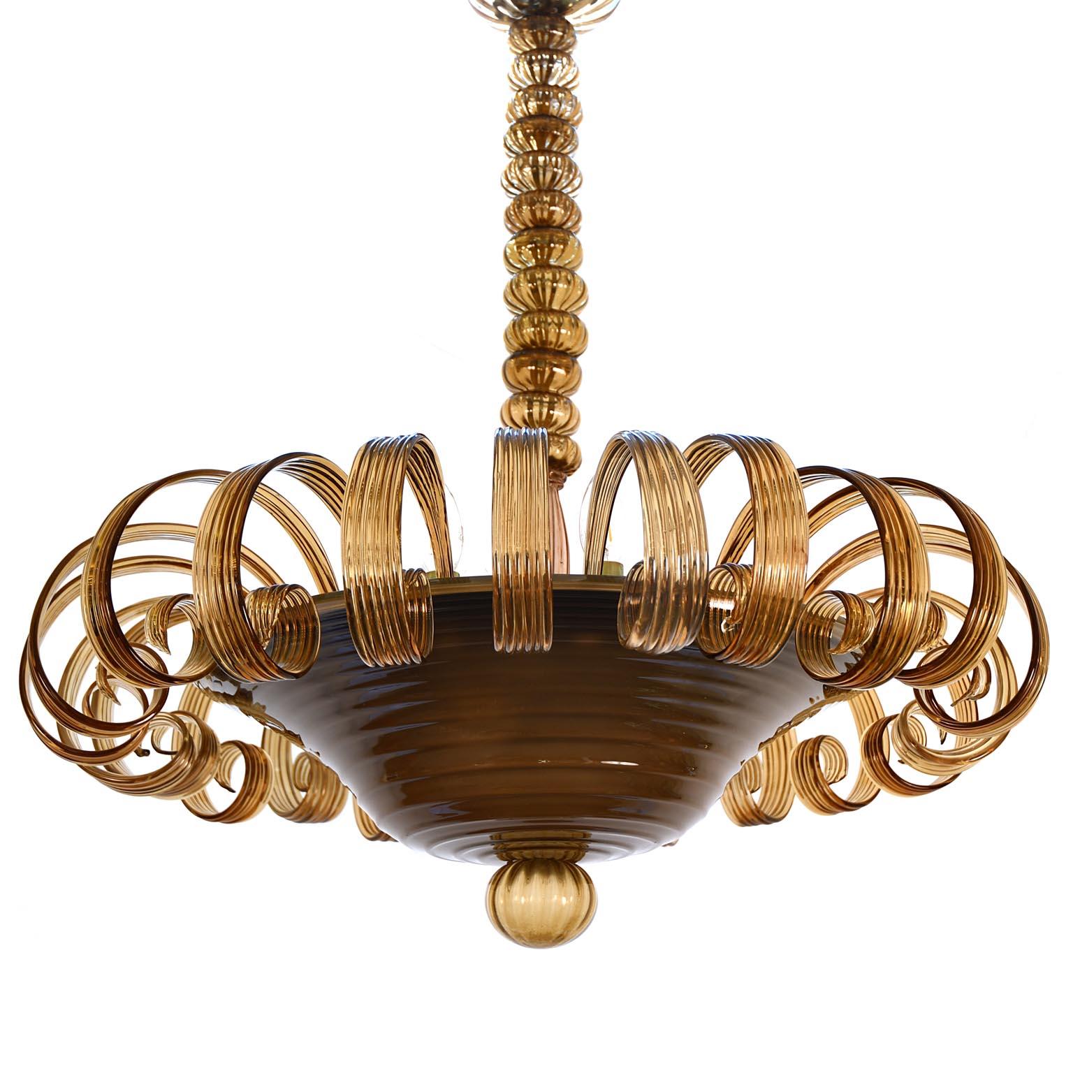 Brown Italian Glass Chandelier Murano Mid-Century Modern 23 Curl Arms In Good Condition In Vienna, AT