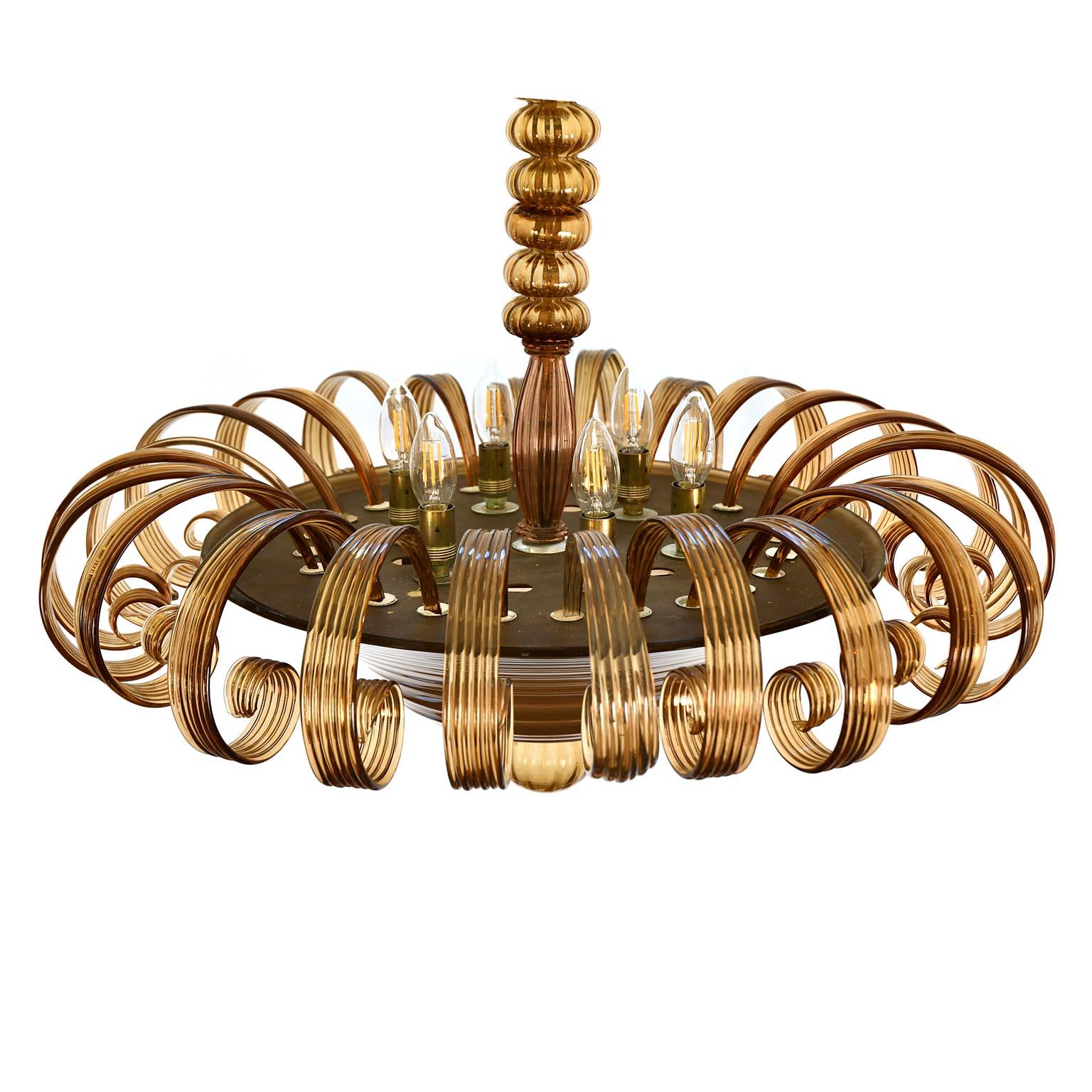 Mid-20th Century Brown Italian Glass Chandelier Murano Mid-Century Modern 23 Curl Arms