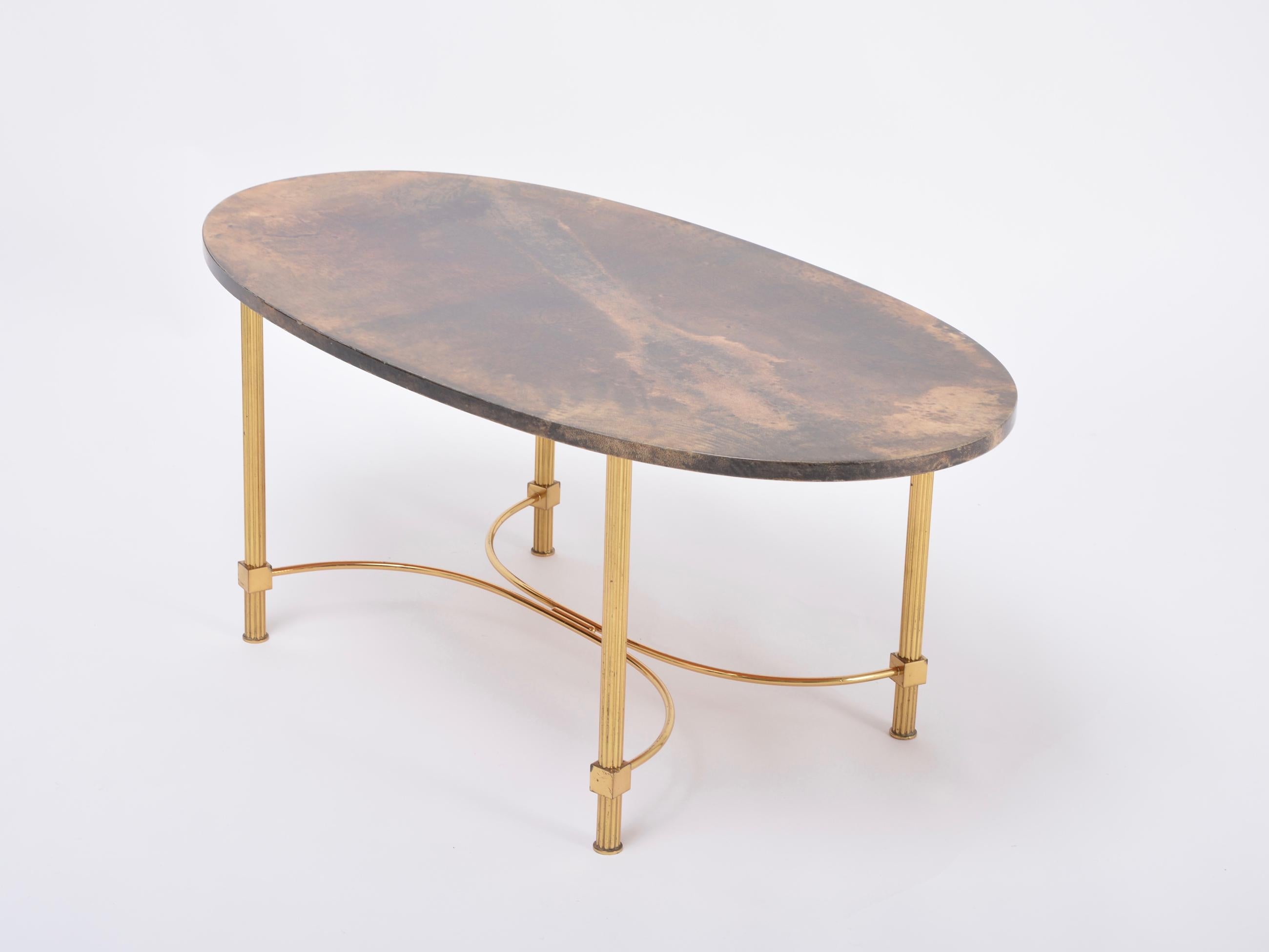 Brass Brown Italian Midcentury Coffee or Side Table by Aldo Tura in Goat Skin